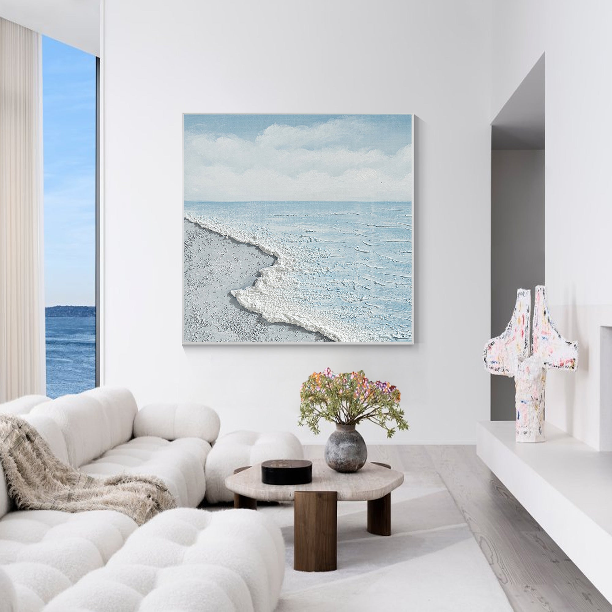 ocean wave abstract painting textured blue gray art