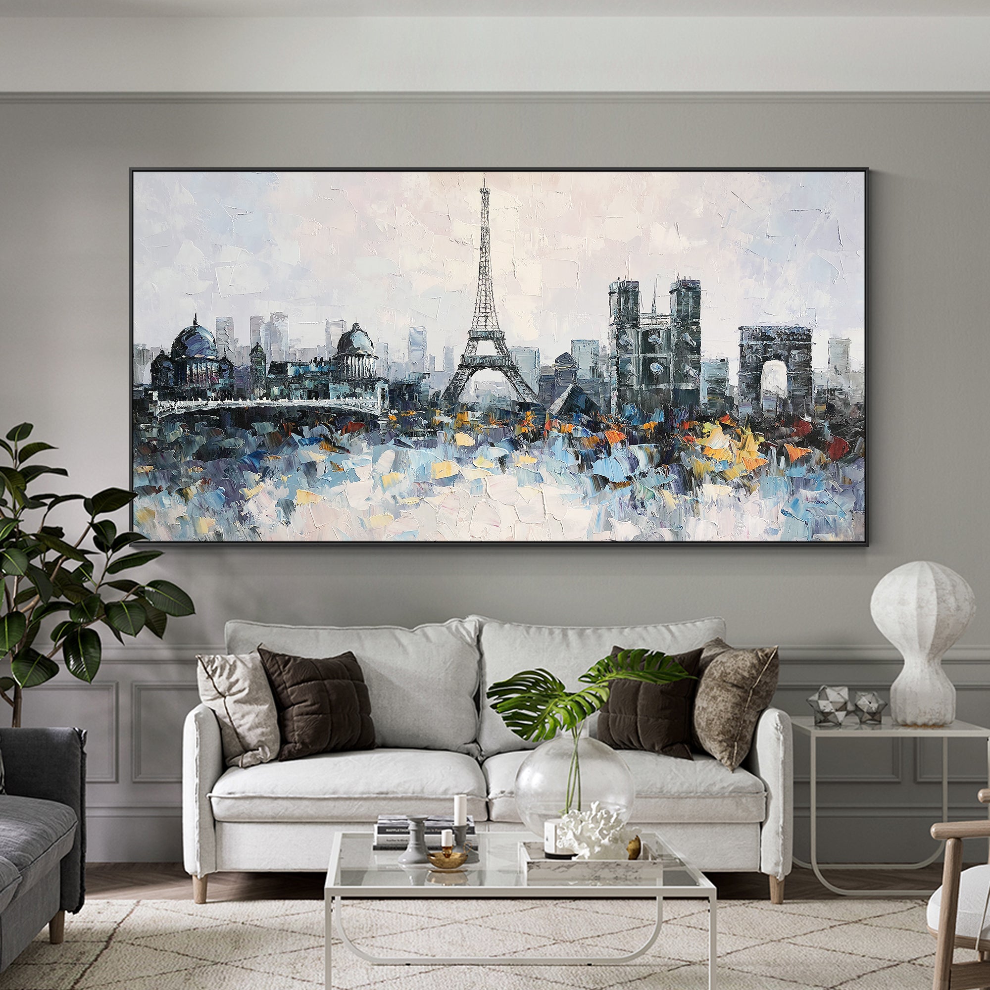 Eiffel Tower cityscape painting with vibrant colors and texture.