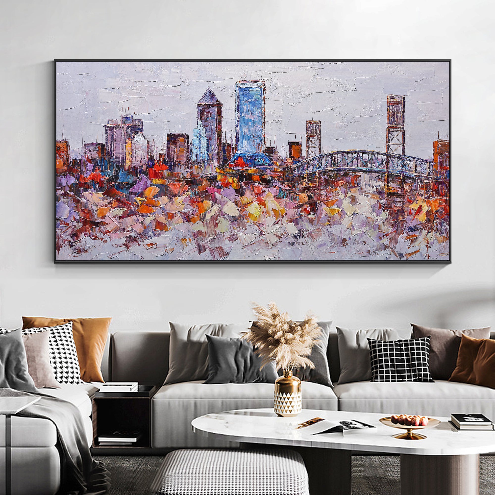 Florida city skyline oil painting with textured brushstrokes.