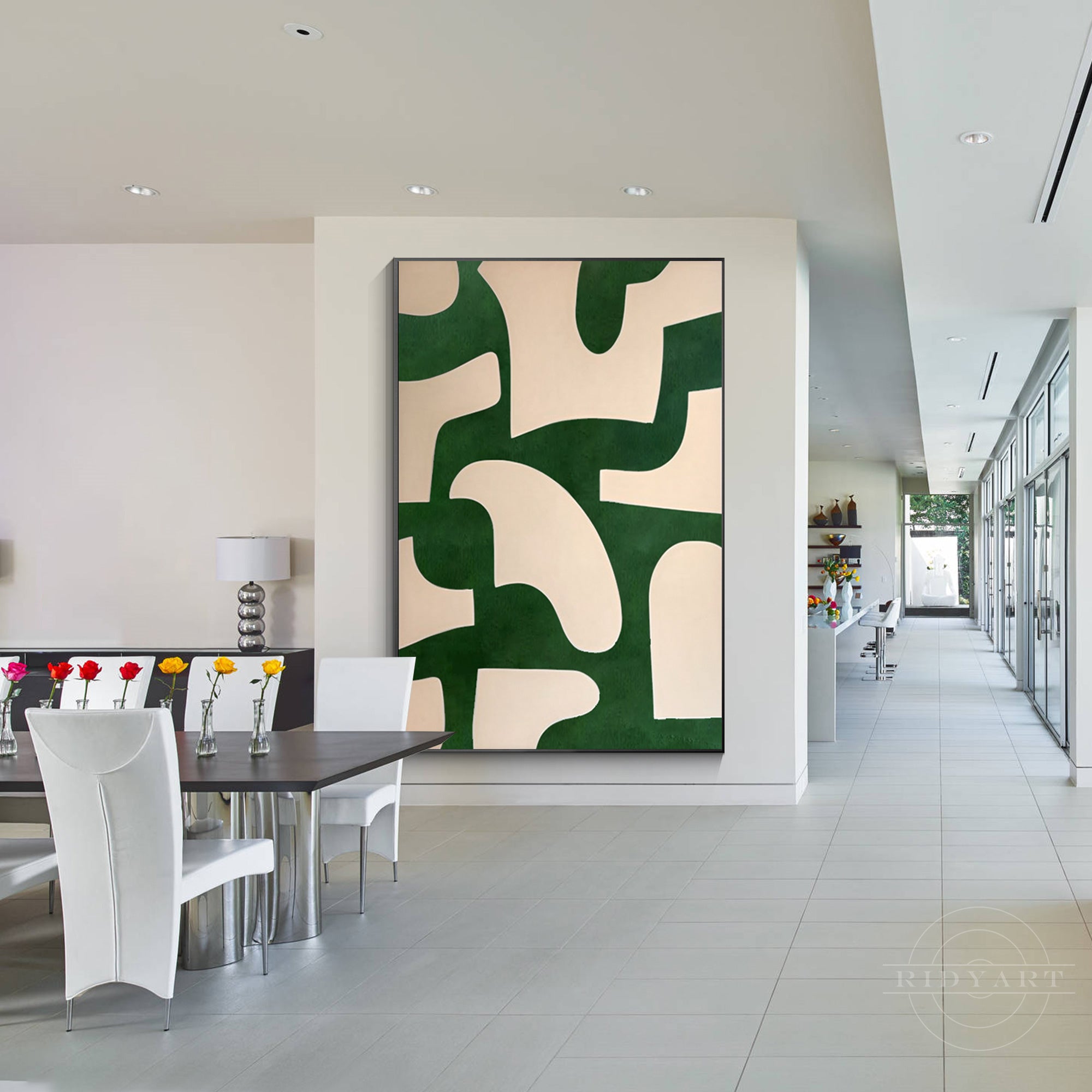 Beige and emerald green abstract art painting on canvas with organic shapes. Vertical oversized minimalist wall art for modern home decor.

