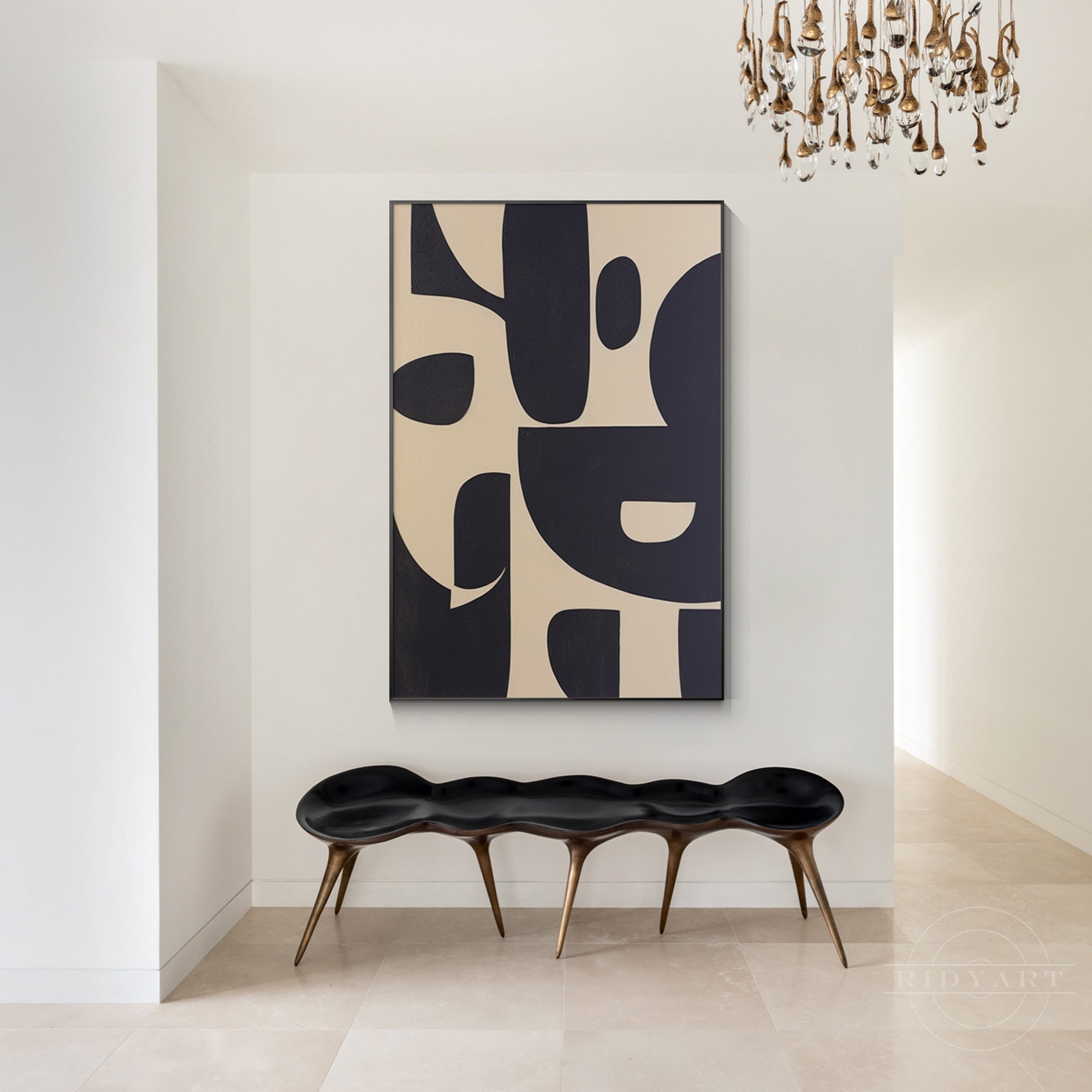 Black and beige geometric texture art painting on canvas with organic shapes. Extra-large wall art for industrial and minimalist home decor.

