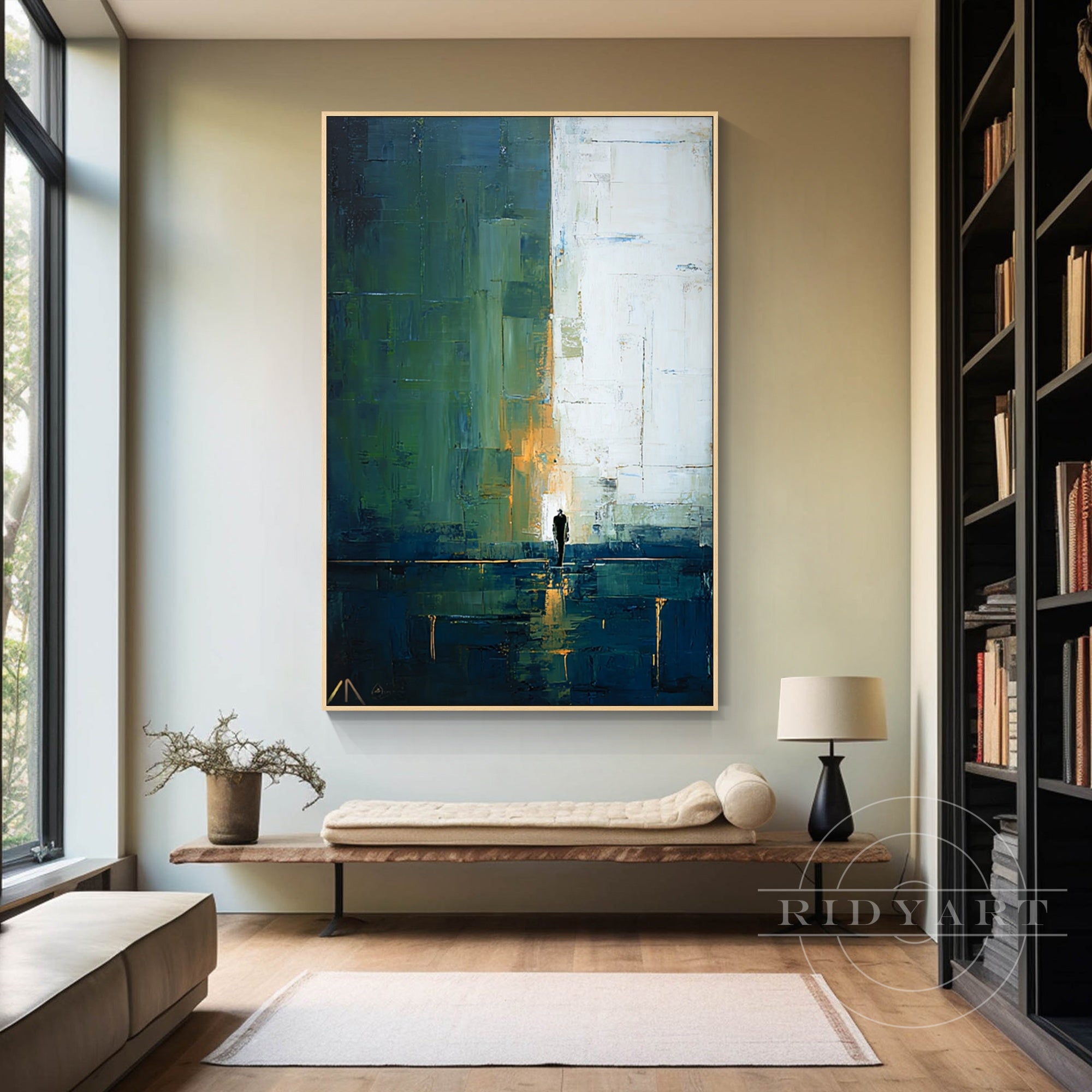 original abstract art navy blue emerald green canvas