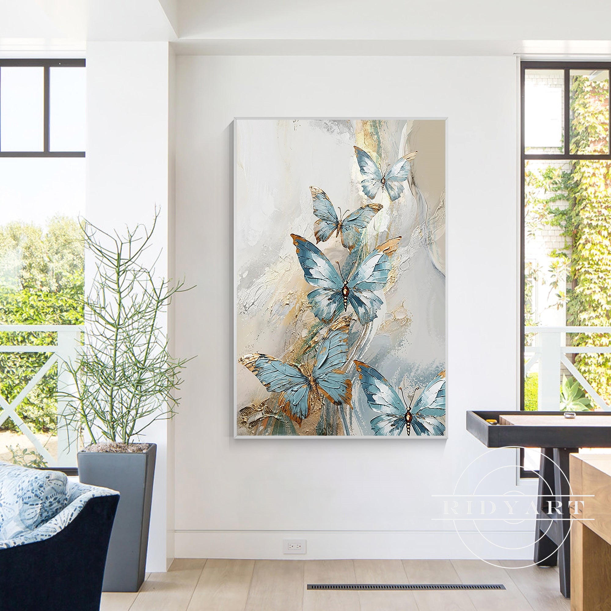 Original blue butterfly wall art for living room decoration