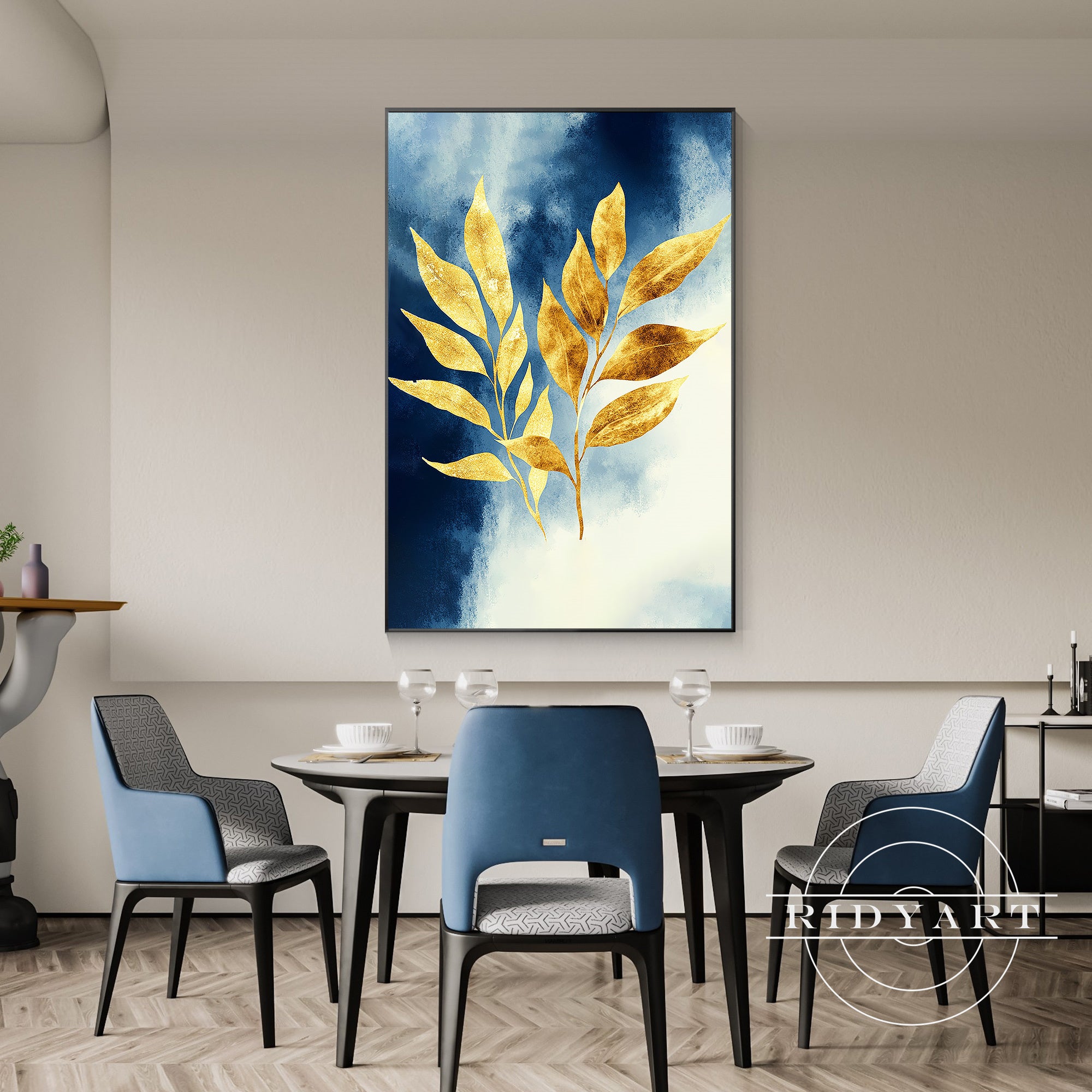 Modern abstract blue and gold hand-painted wall art