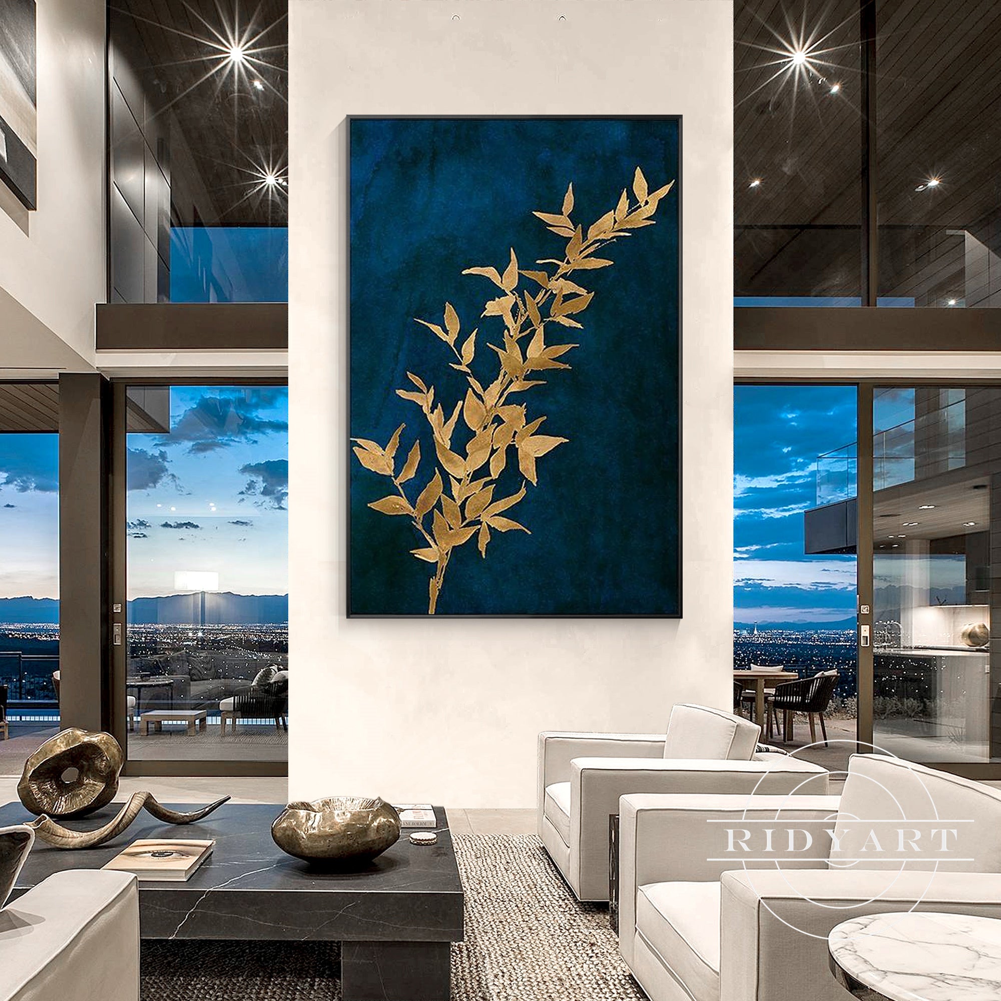 Modern handcrafted decorative painting in blue and gold