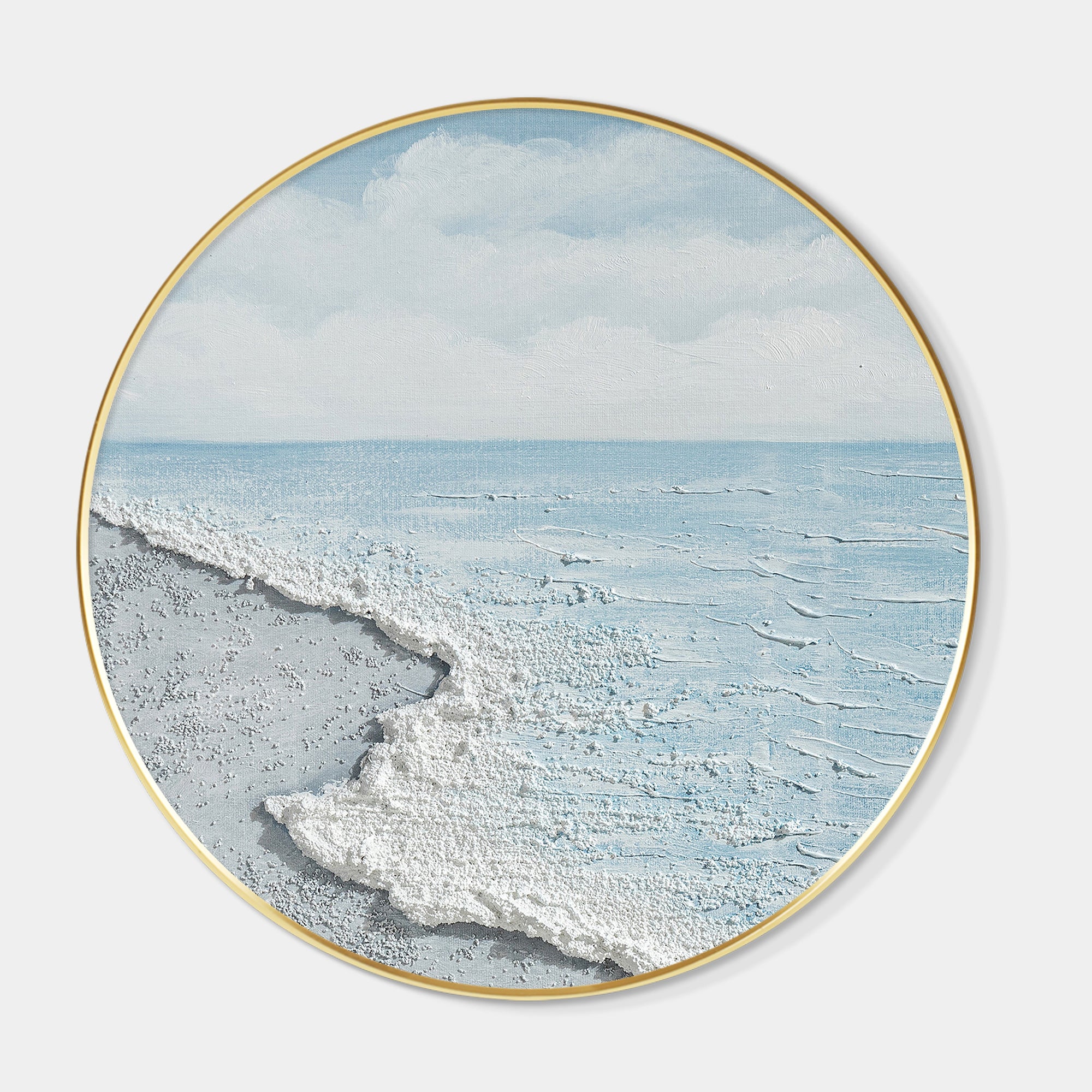 Original round acrylic seascape painting with textured ocean waves