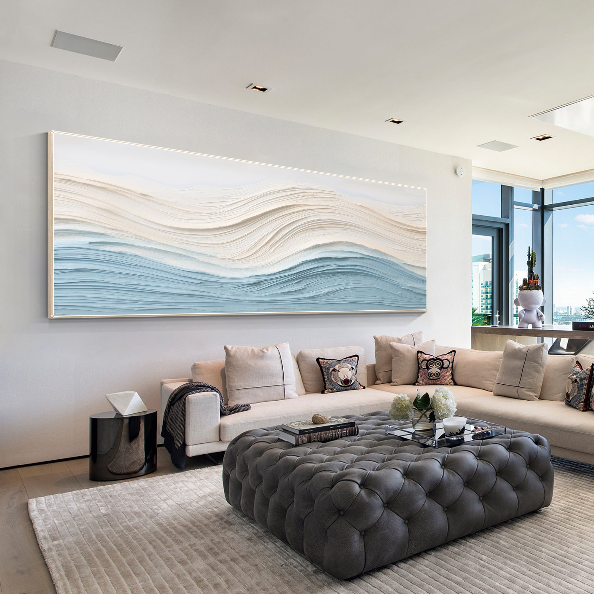 Blue and beige ocean waves thick textured horizontal wall art on canvas, featuring coastal-inspired abstract design for modern living room or bedroom decor.