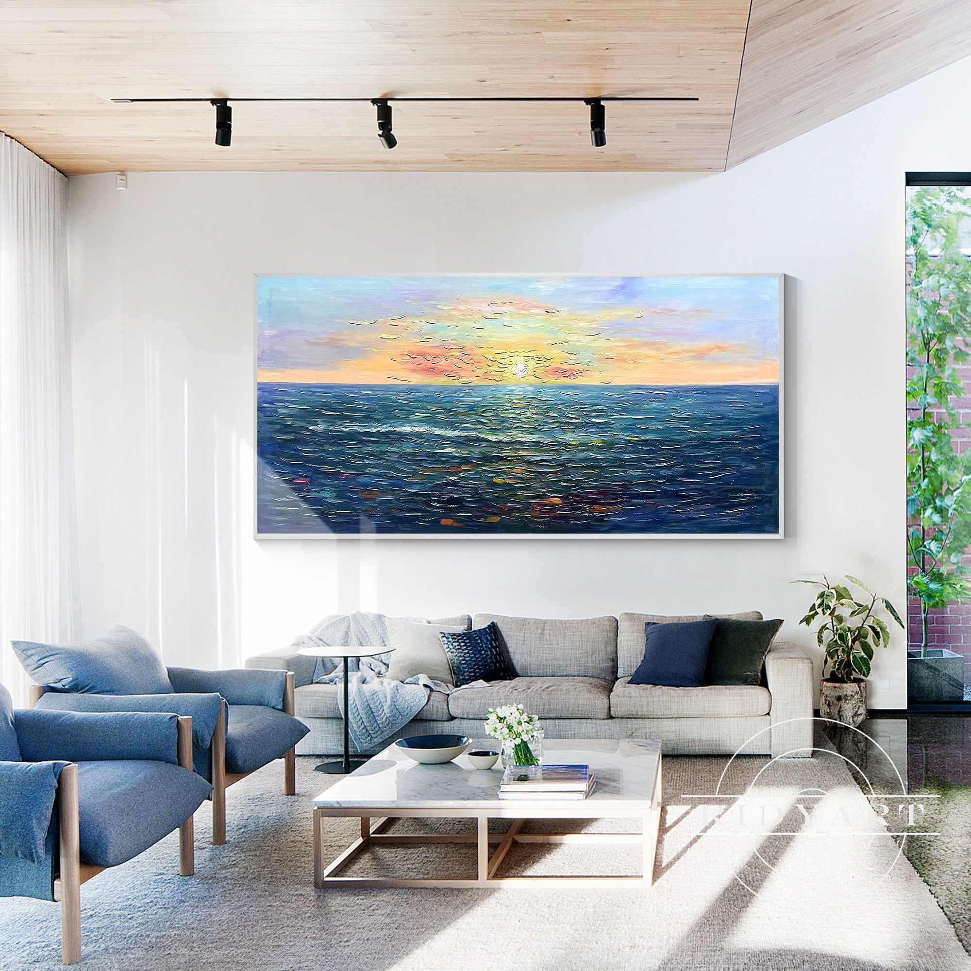 Original beach oil painting for living room wall
