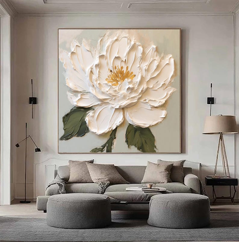 Original white flower oil painting with 3D texture