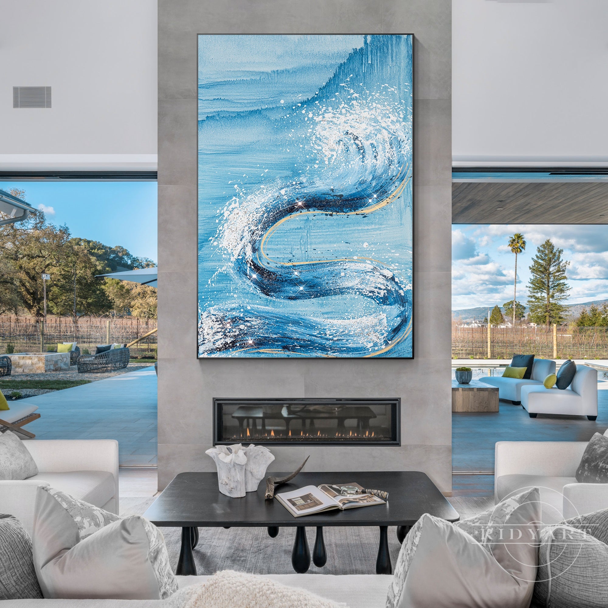 Sky blue and white abstract ocean waves textured wall art.
