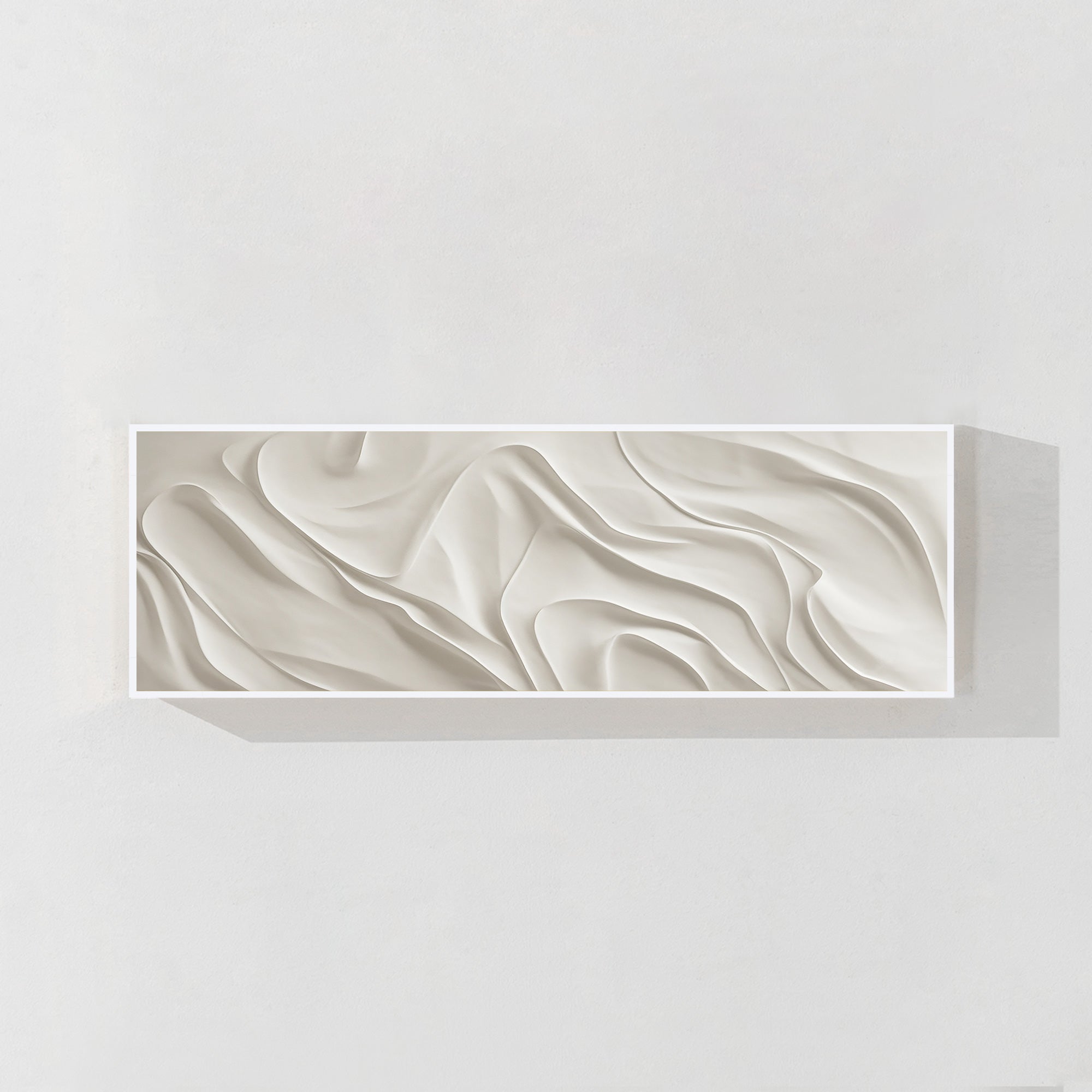 Long horizontal canvas painting in minimalist white tones