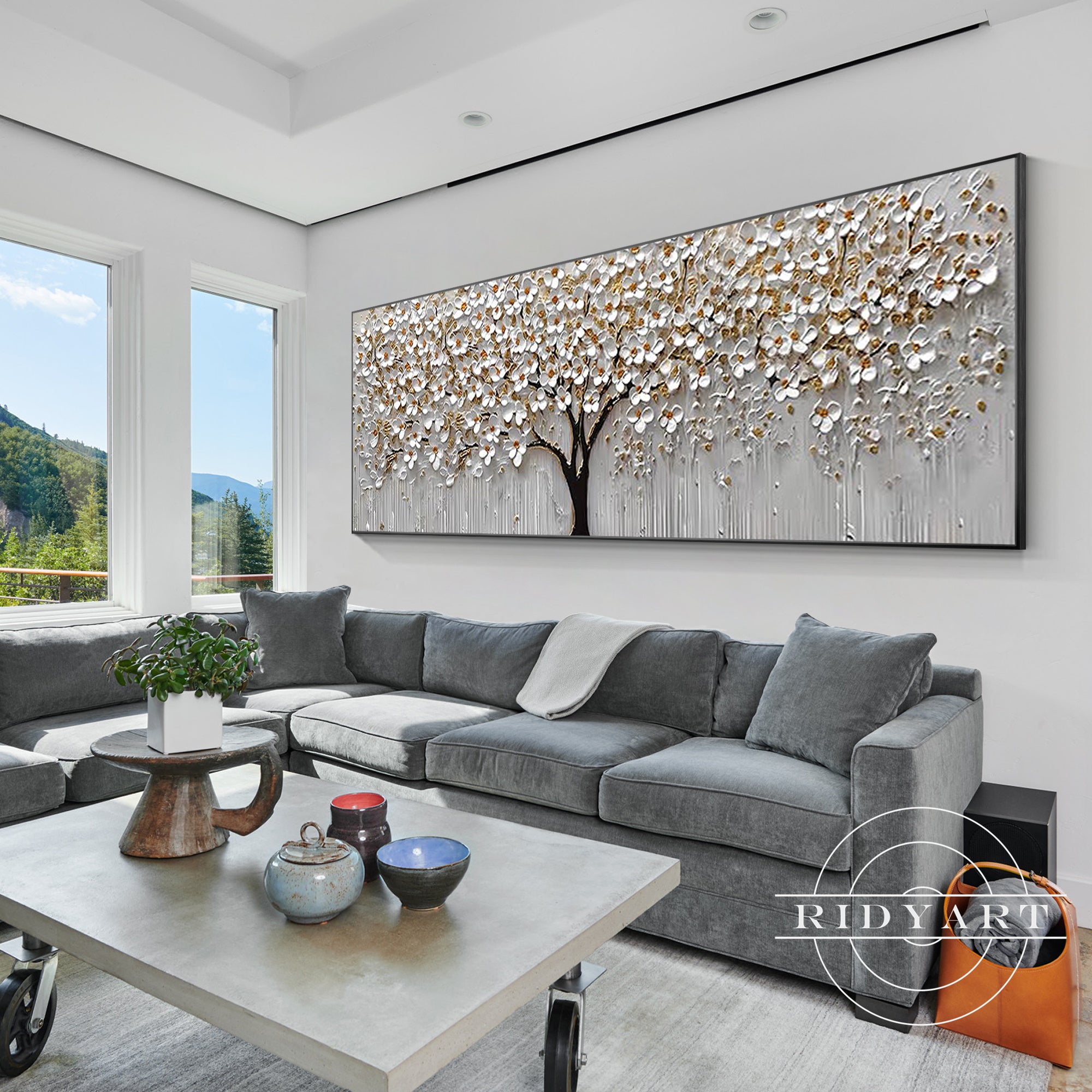 Horizontal hand-painted floral abstract painting on canvas