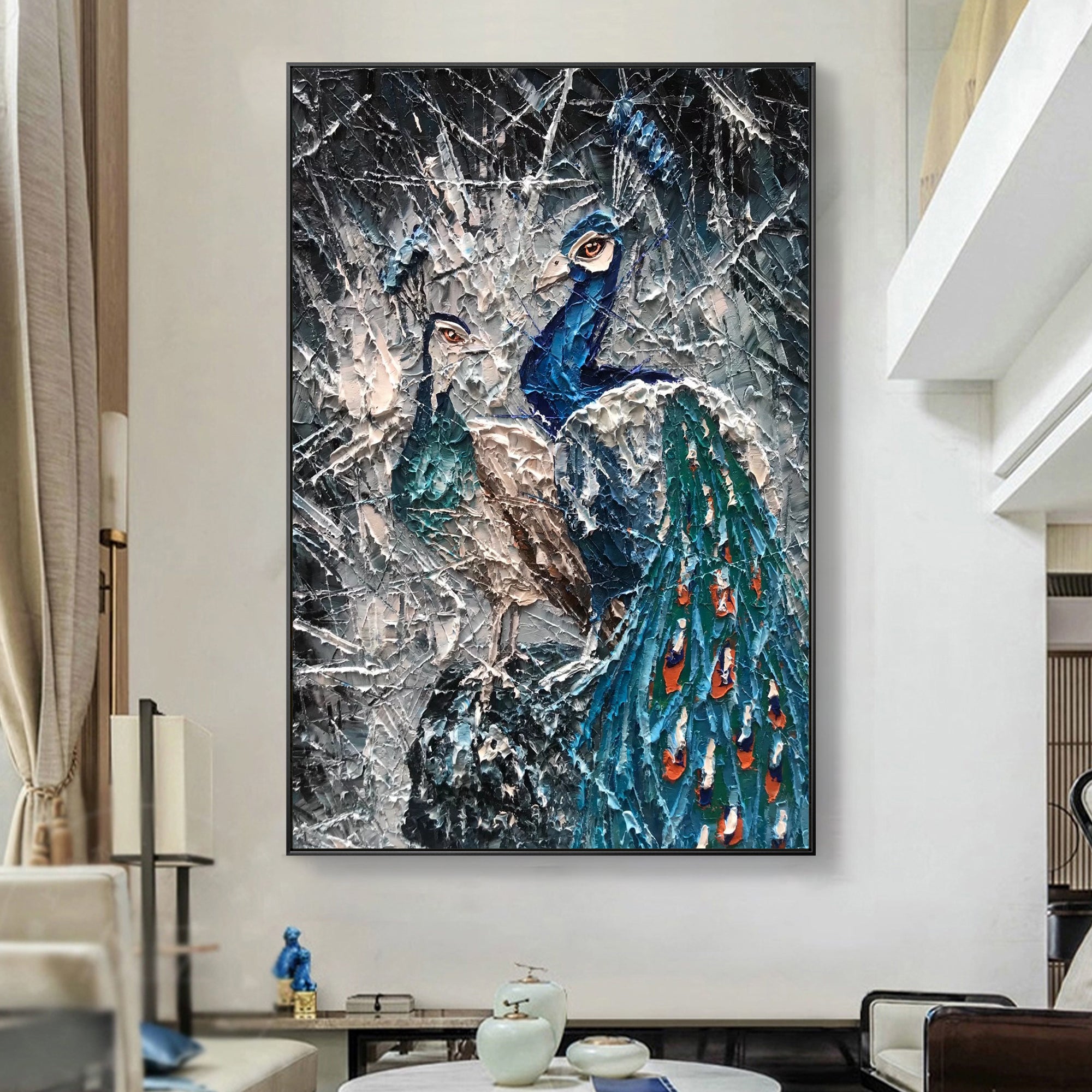 Textured acrylic canvas art in teal and blue tones