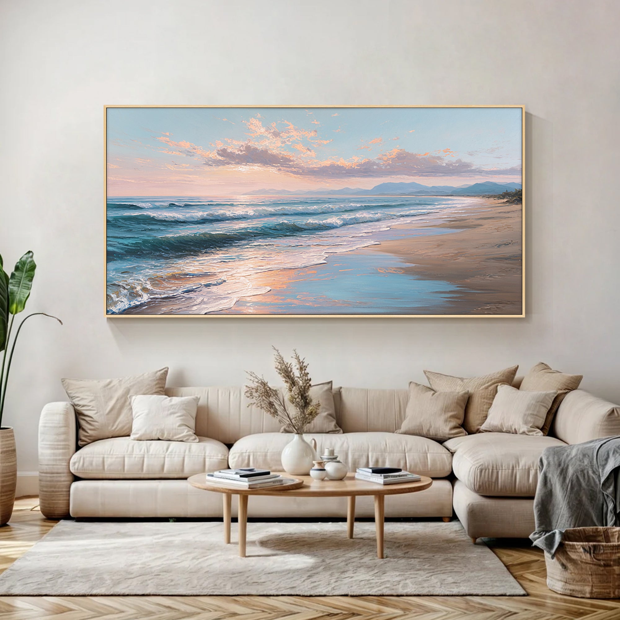 Ocean waves panoramic painting in bright neutral living room