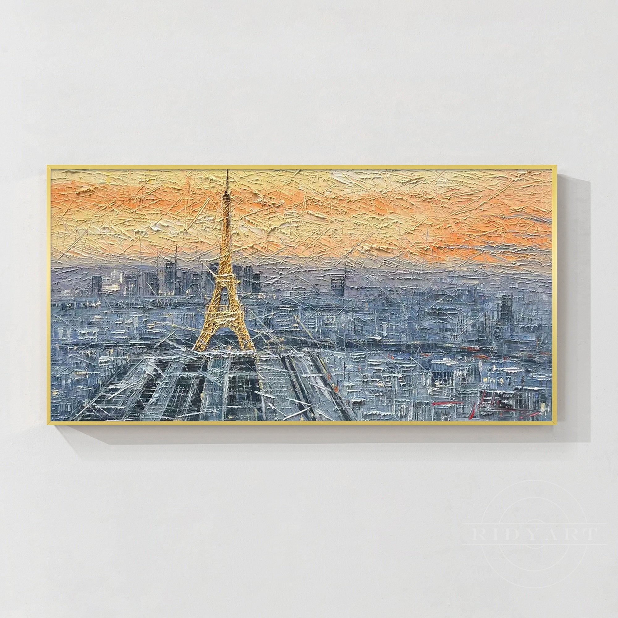 Abstract Paris skyline painting with the Eiffel Tower.