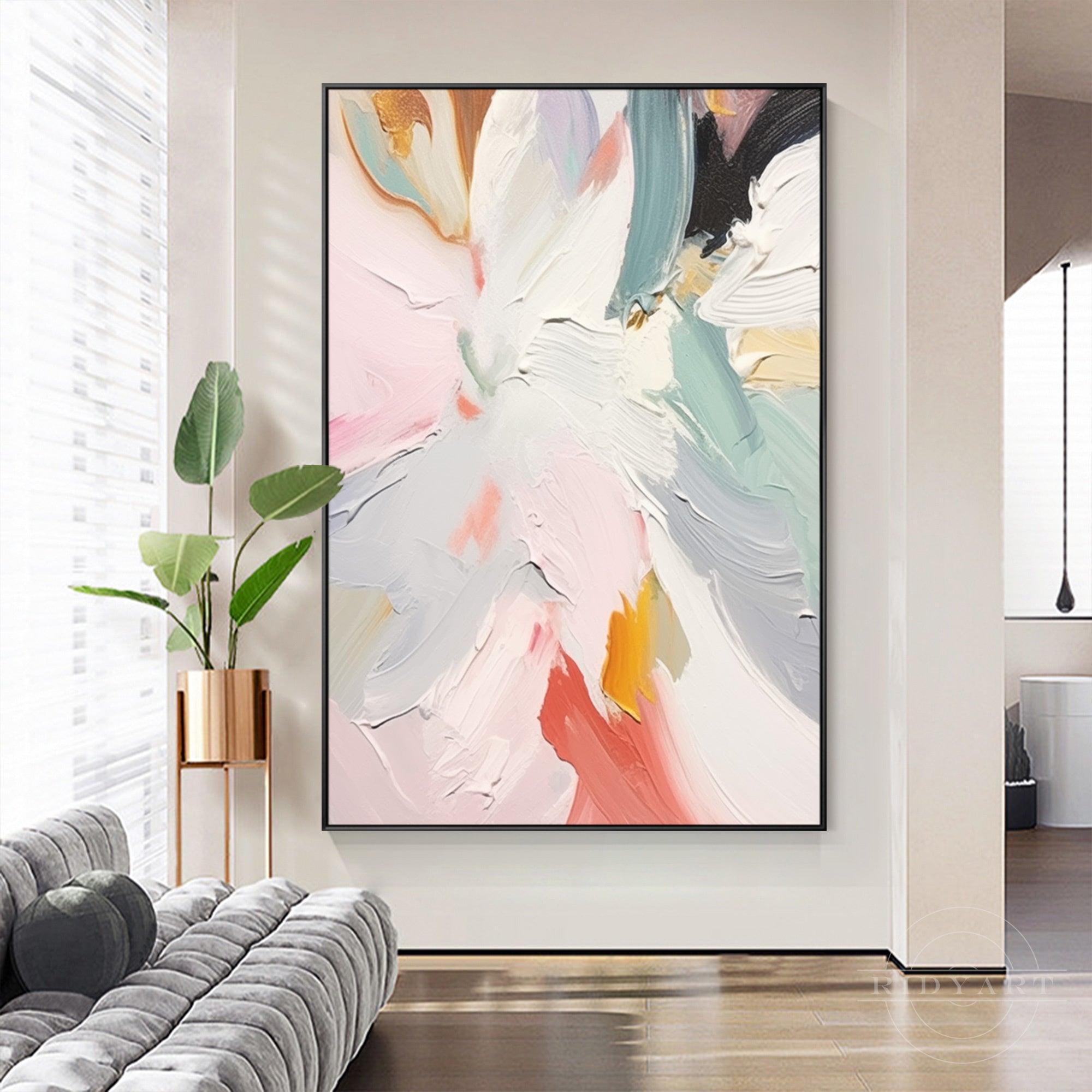 Pastel abstract oil painting with soft hand-painted brushstrokes.