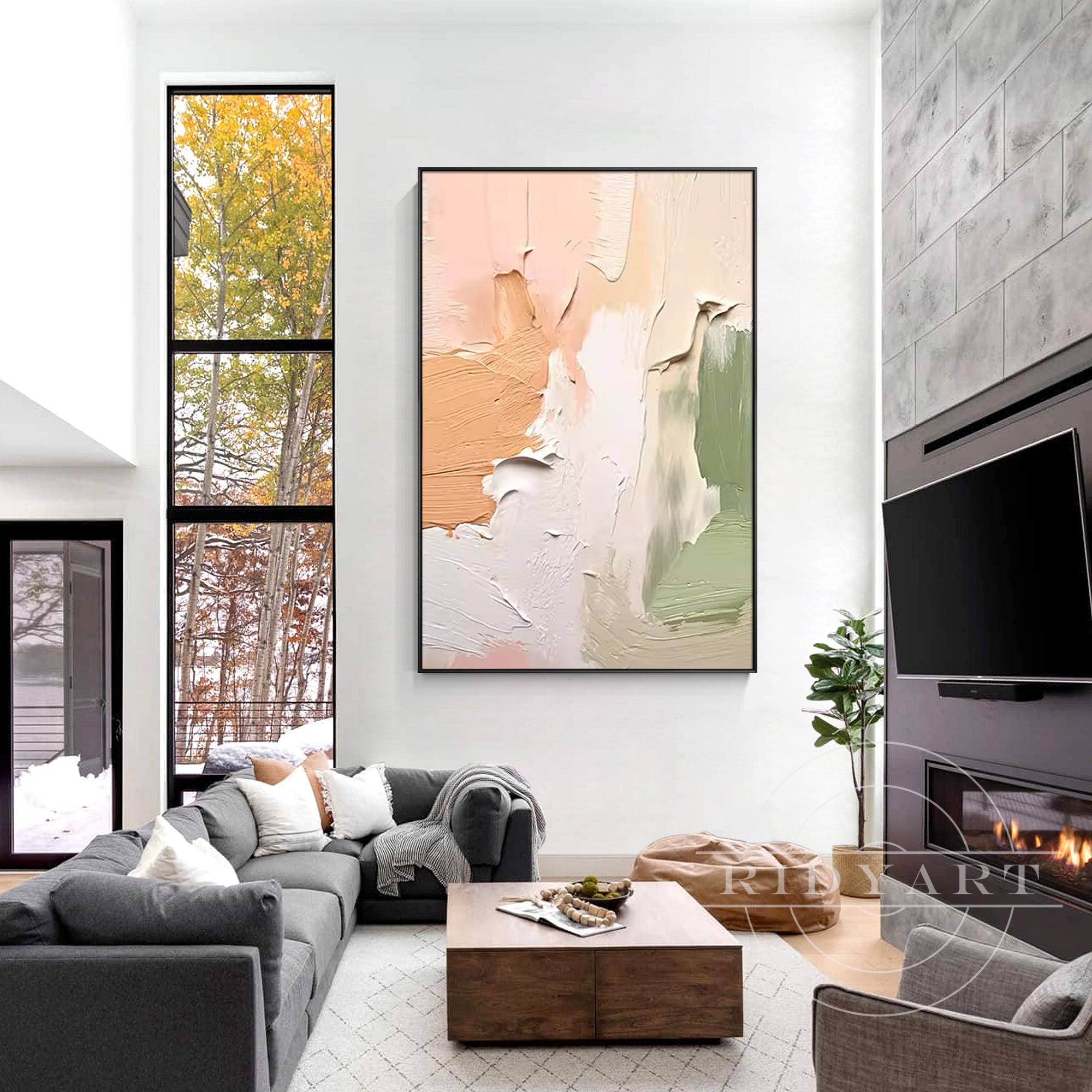 Modern hand-painted oil painting featuring soothing beige, cream, and pink hues