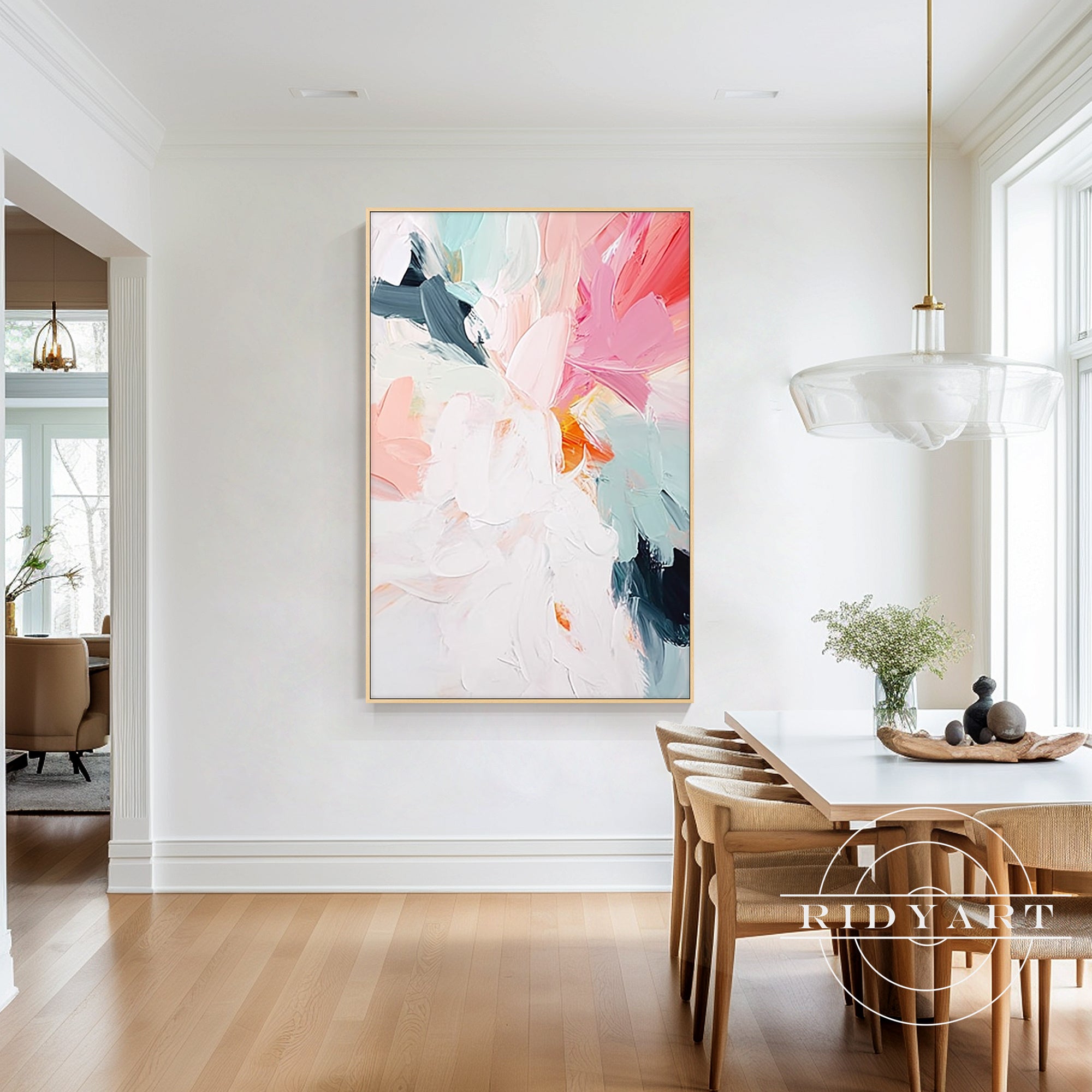 Soft pink and blue abstract flower canvas with texture