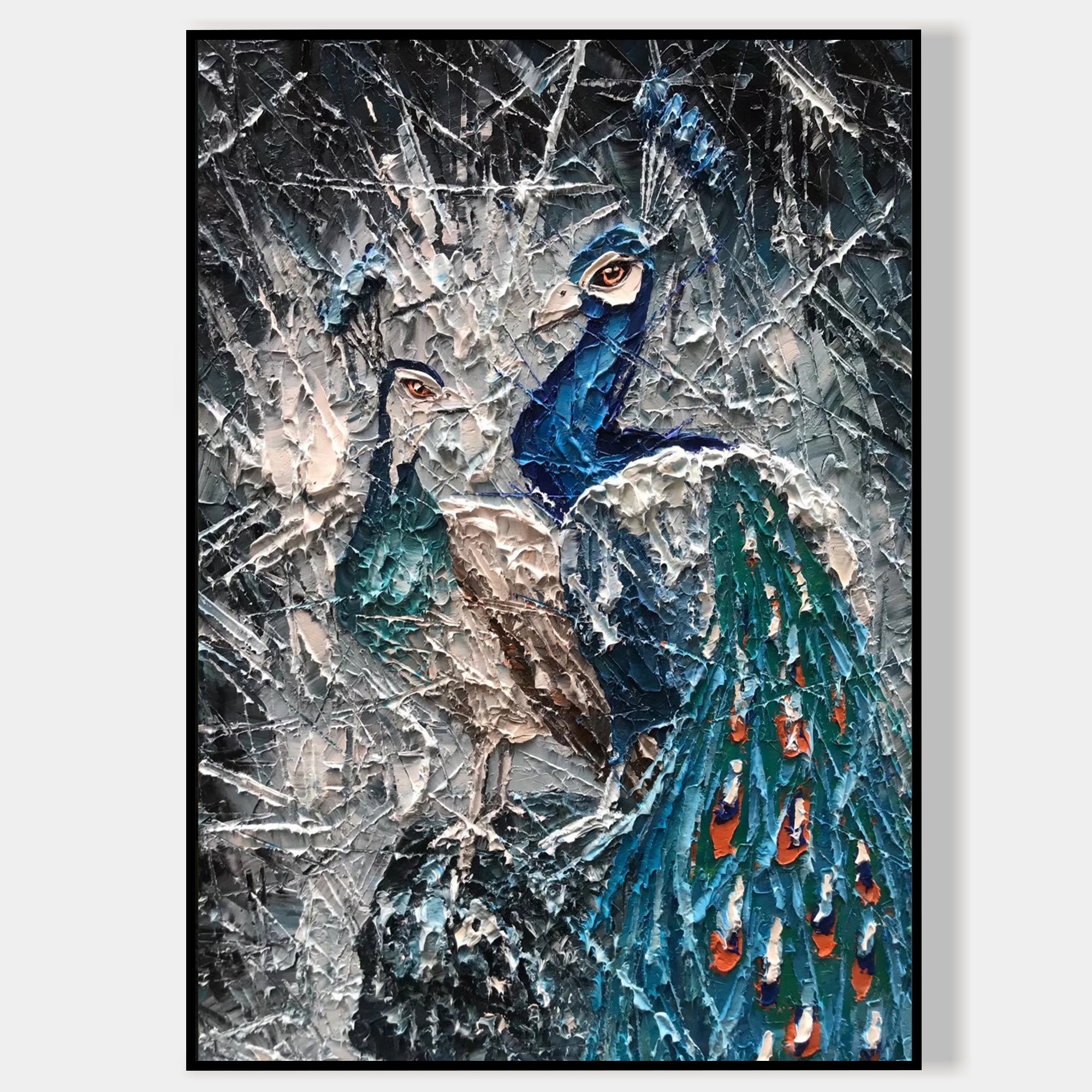 Teal blue peacock abstract palette knife painting