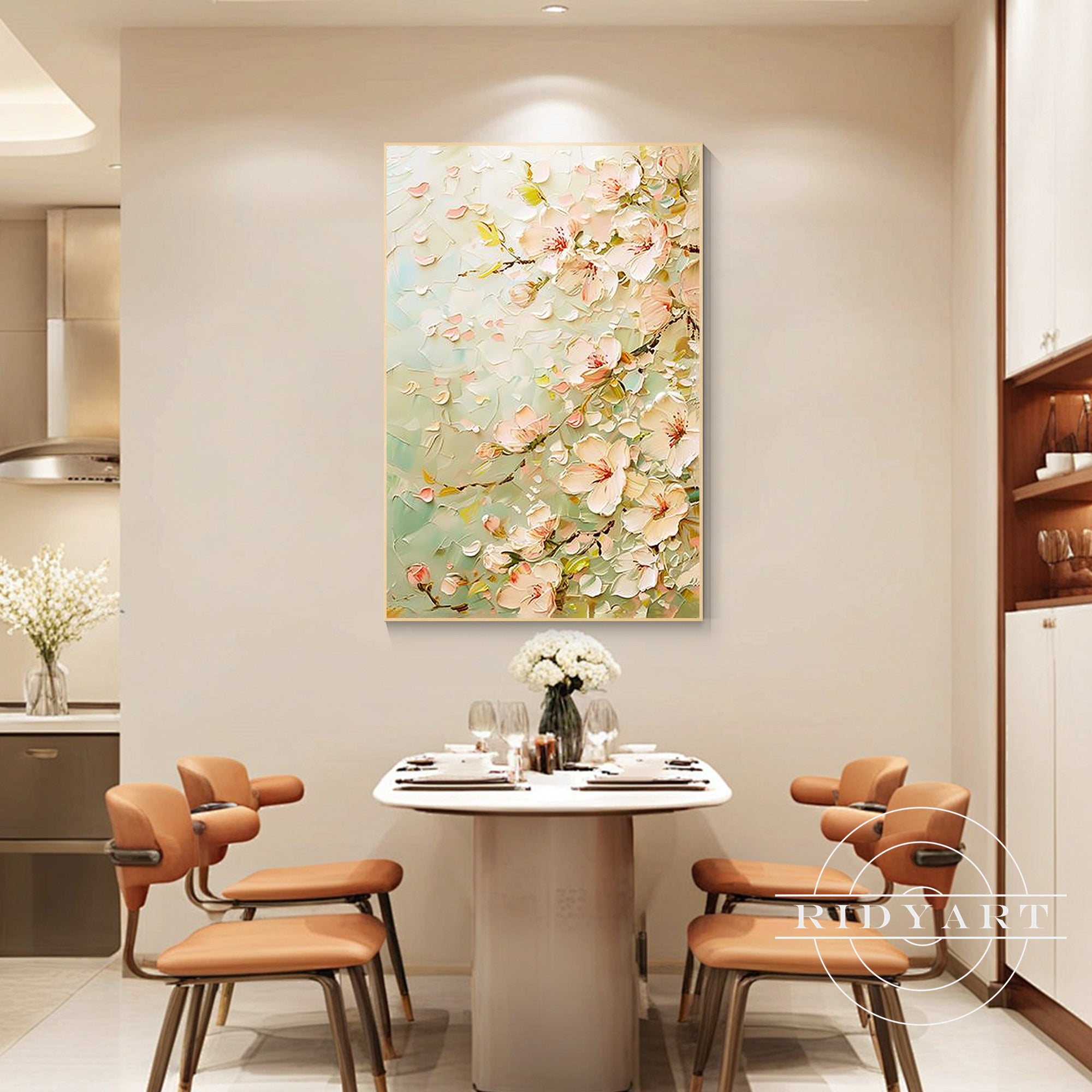 Green and beige floral abstract canvas painting