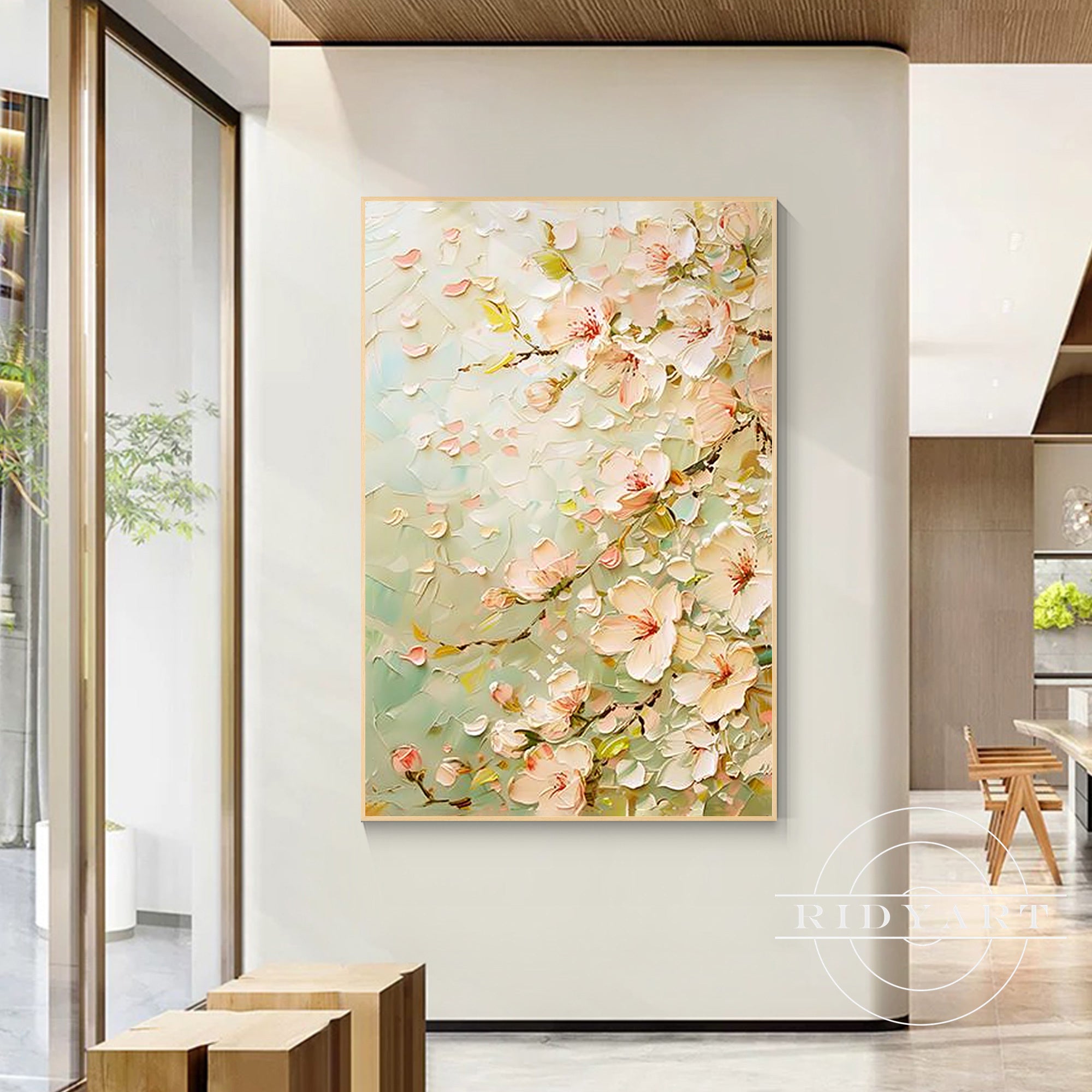 Pink blooming flower textured painting on green beige canvas