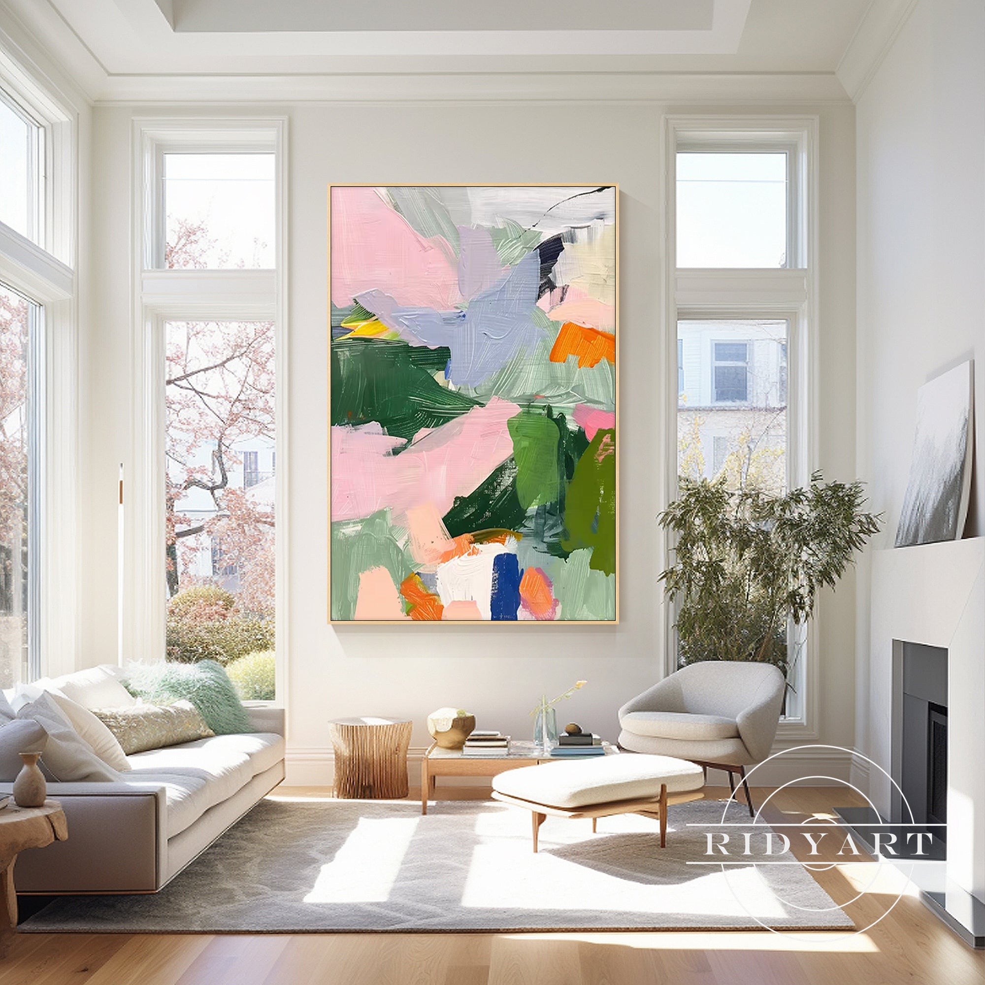 pink and green minimalist abstract painting on canvas