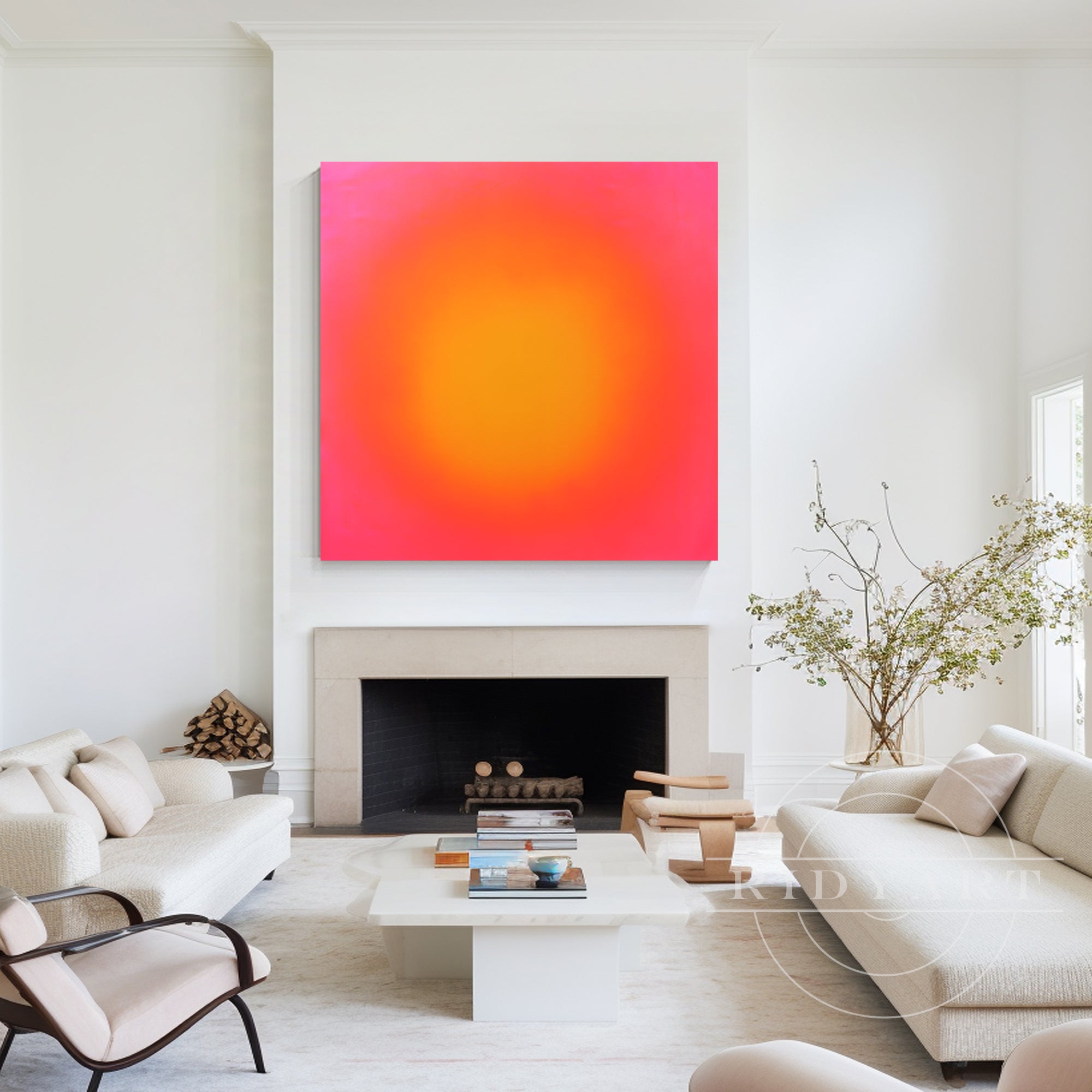 Pink-to-yellow gradient canvas painting with abstract style