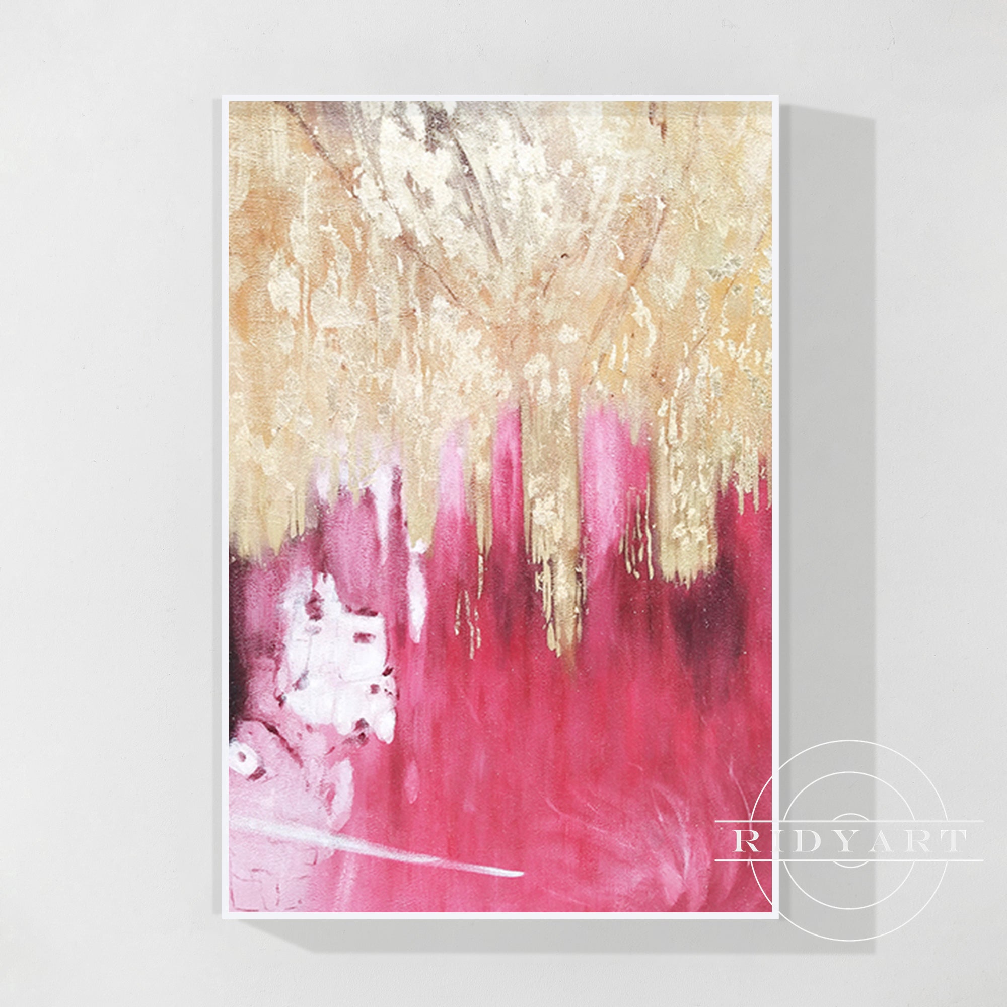 Pintura abstracta en lienzo con lámina de oro rosa para pared