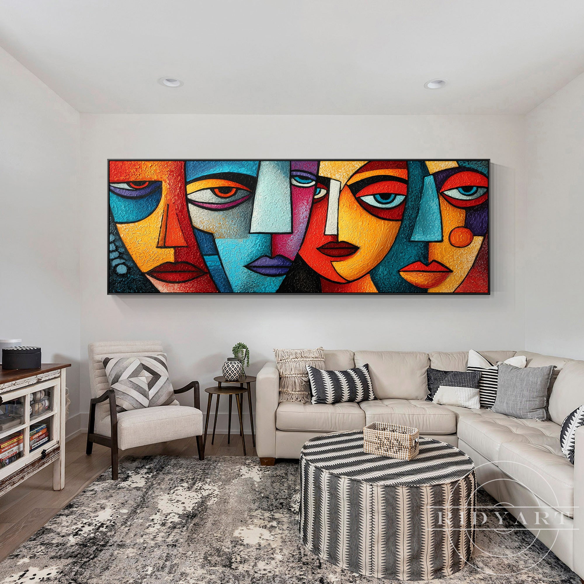 100% hand-painted cubist abstract oil painting with 5 colorful faces