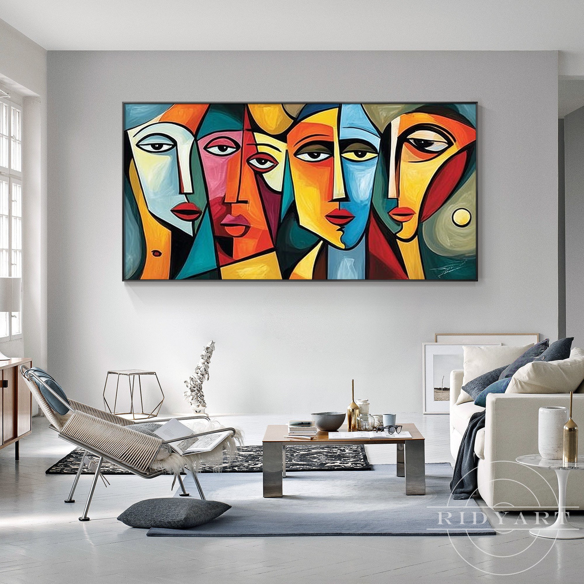 Hand-painted abstract portrait canvas with colorful geometric faces for contemporary home wall decoration.