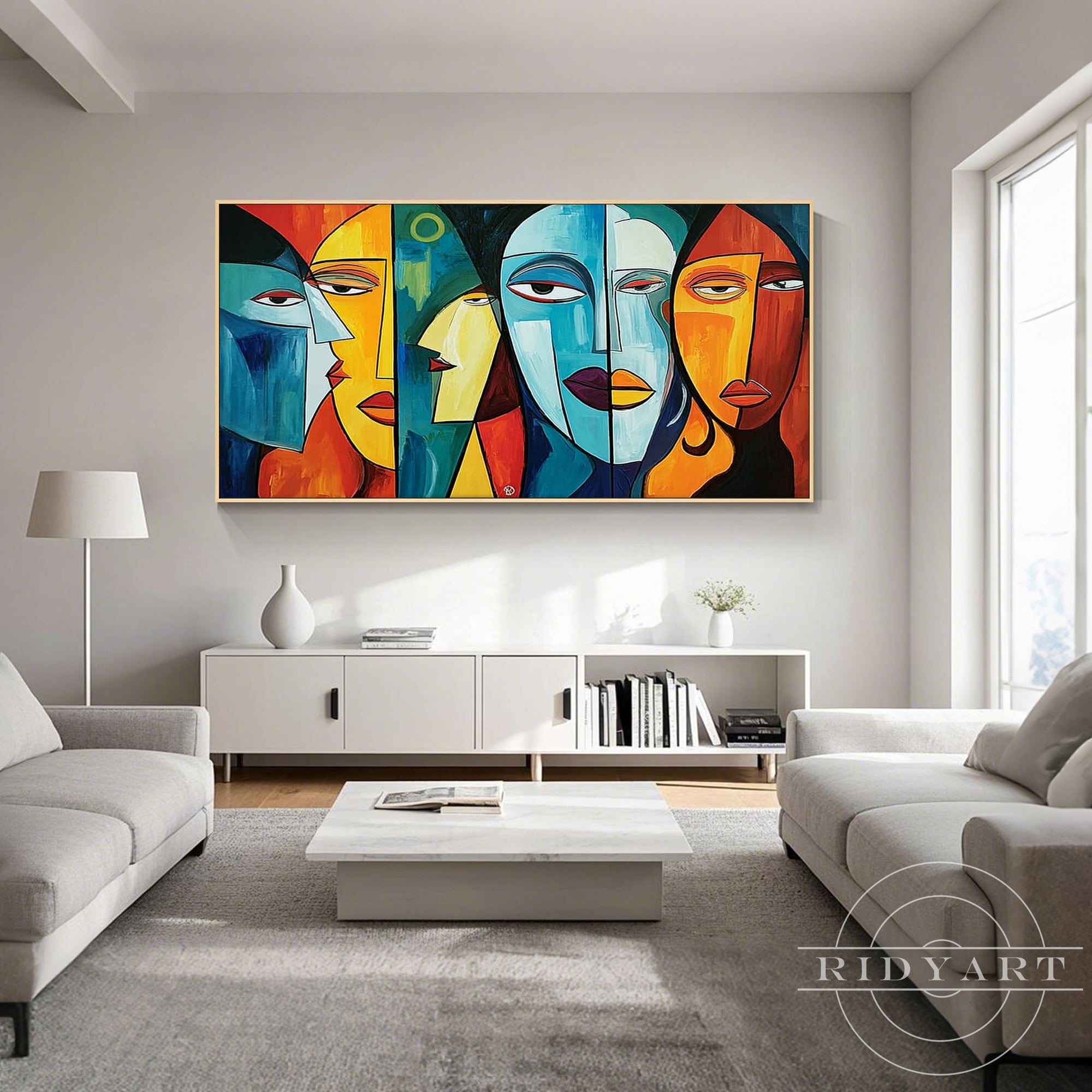 Hand-painted abstract face painting on canvas with vibrant blue, orange, yellow, and red geometric portraits.