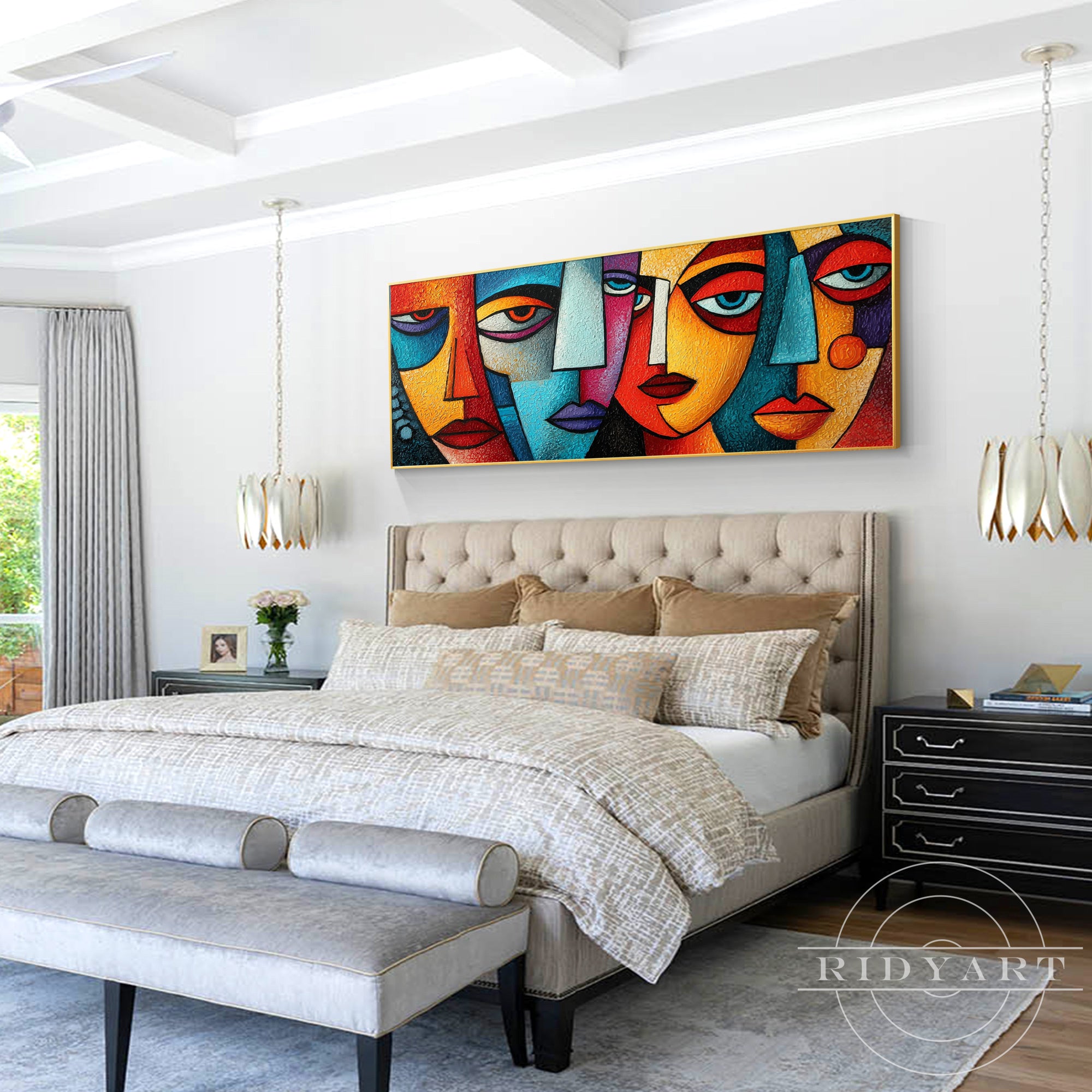 Authentic hand-painted panoramic oil artwork of cubist faces in a gold frame.