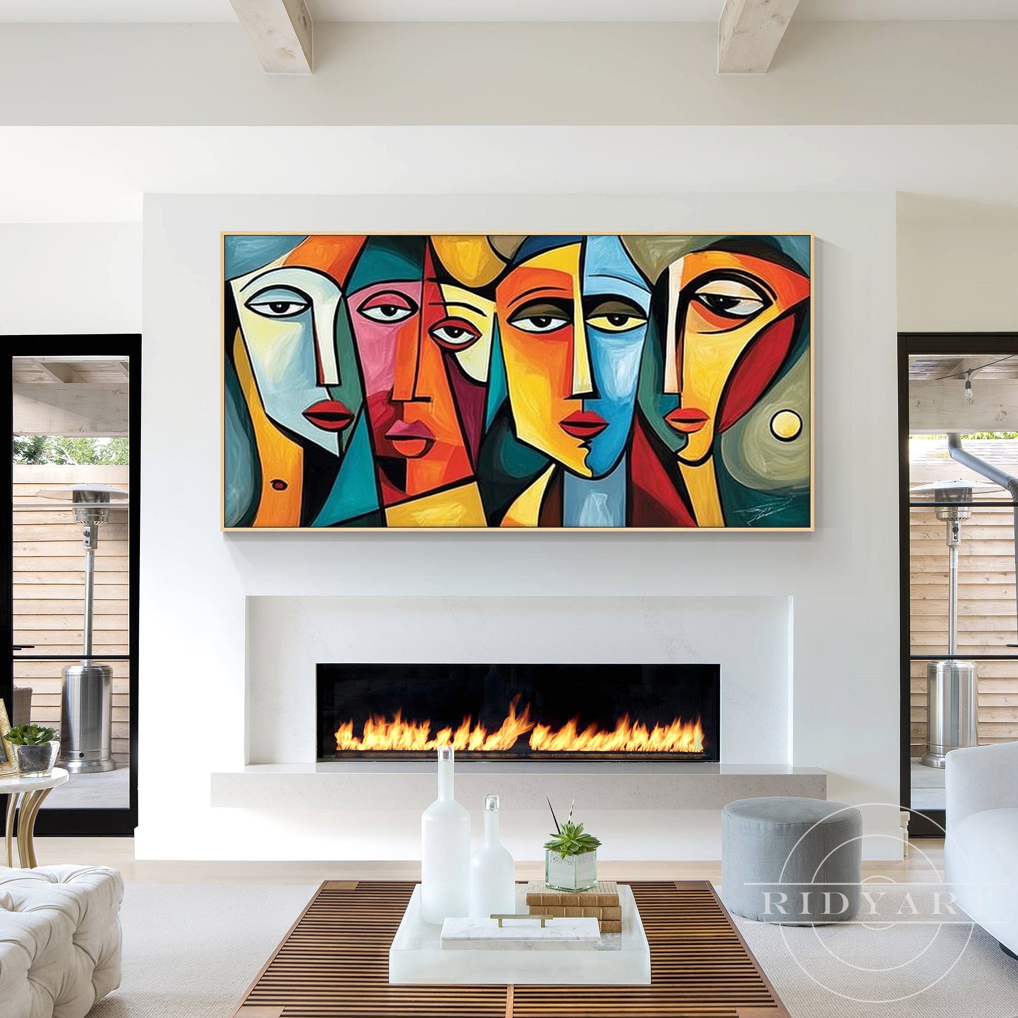 Contemporary abstract face painting with geometric design and vibrant colors for luxury living room walls.