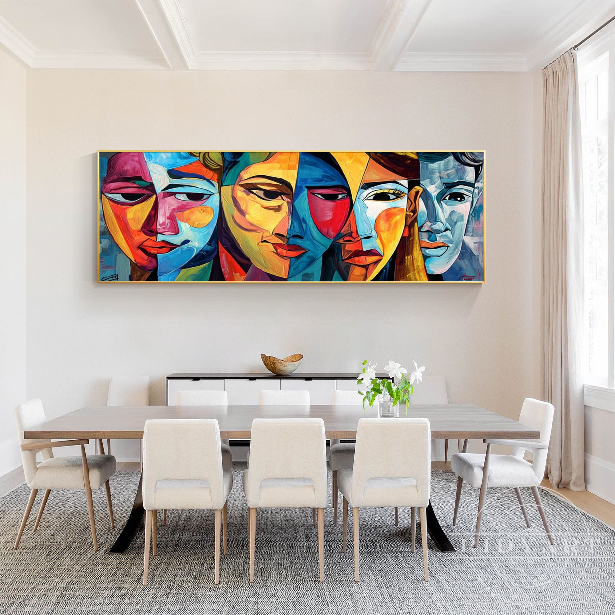 Authentic hand-painted panoramic canvas art of cubist faces for living room.