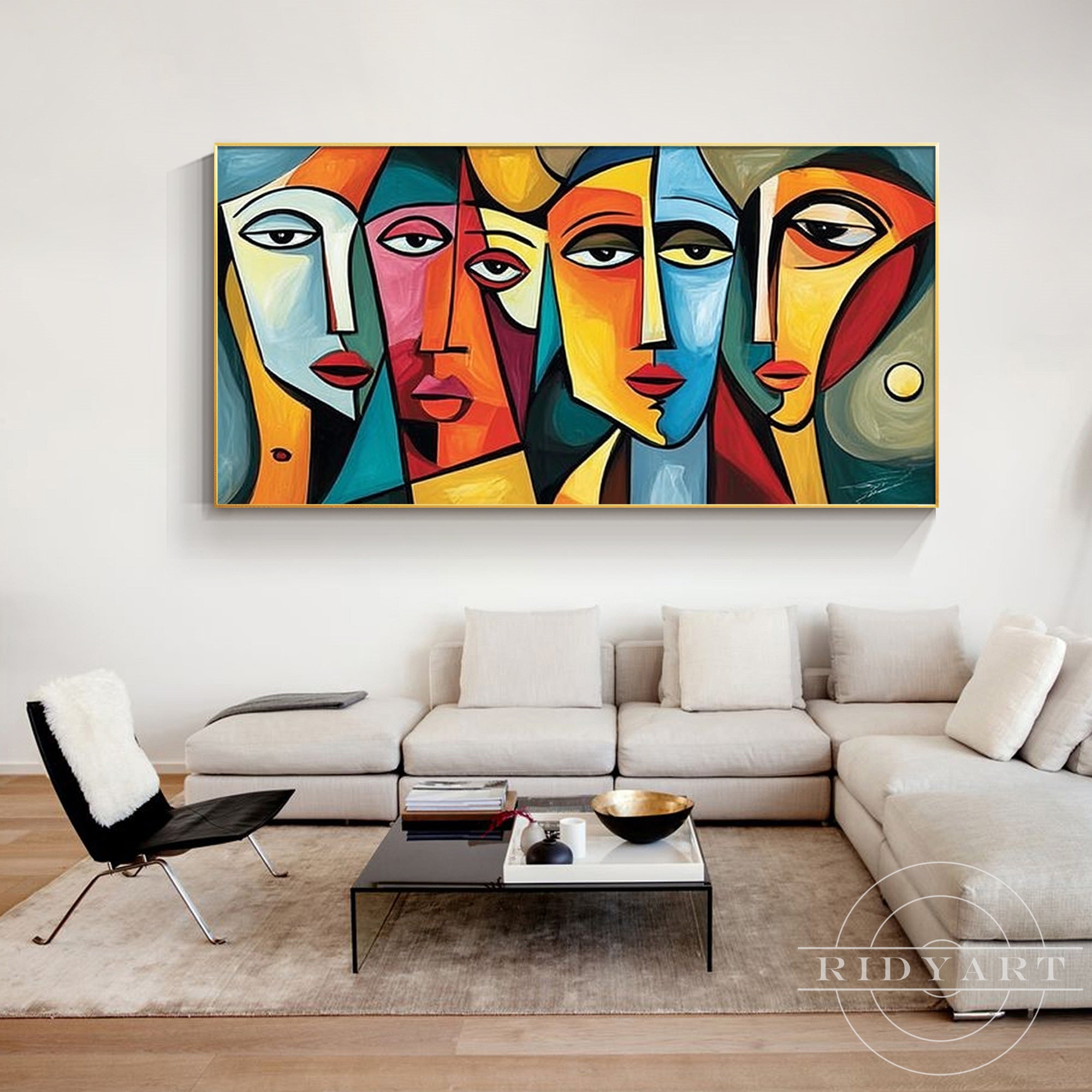 Large hand-painted abstract faces artwork for bedroom, office, dining room, or living room decoration.