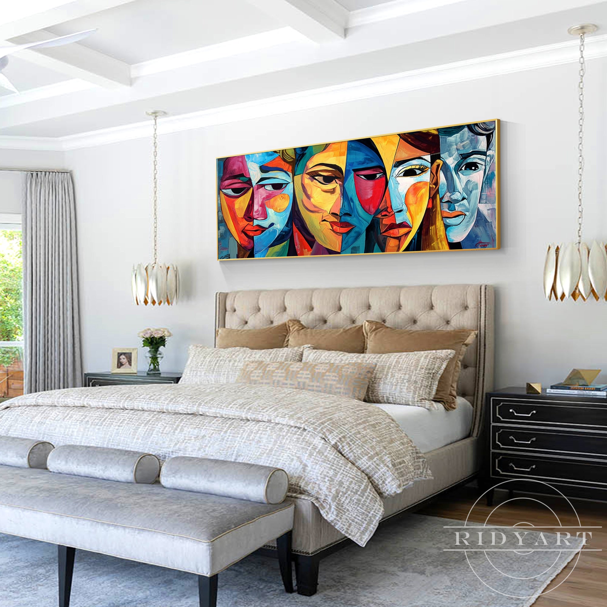 Original cubist abstract canvas painting, hand-painted faces without frame
