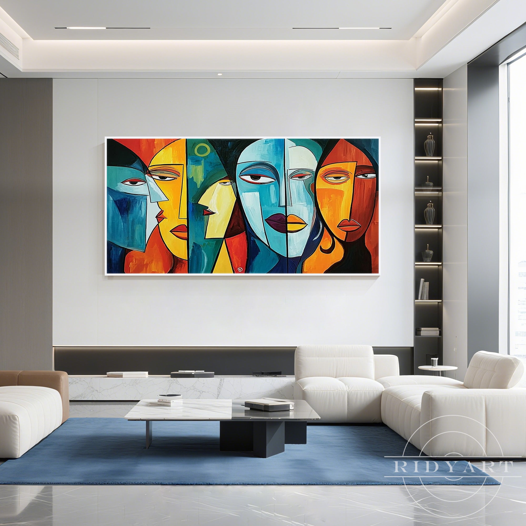 Large abstract faces canvas wall art featuring colorful cubist portrait painting for modern living room decor.