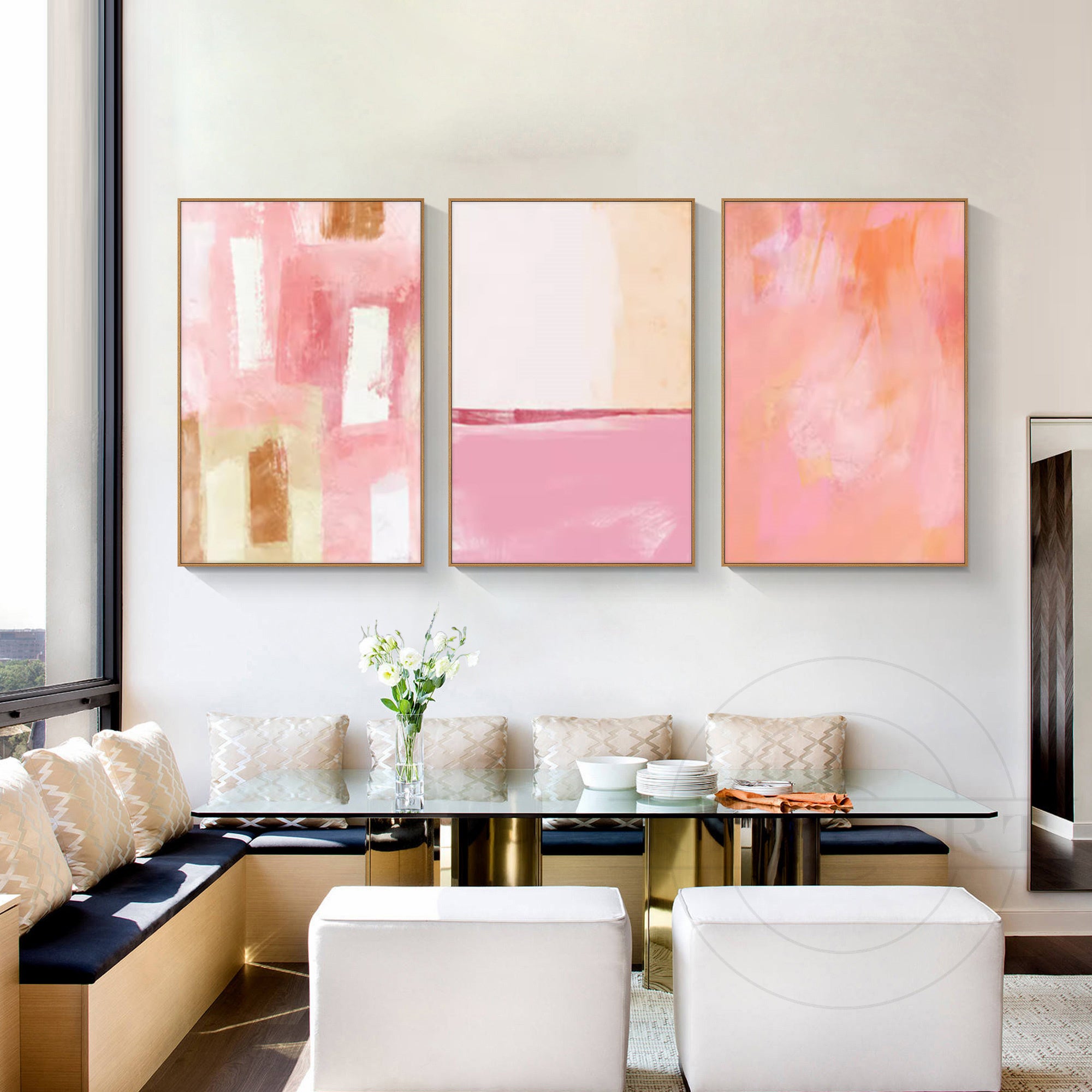 Elegant blush pink wall art set for contemporary interiors