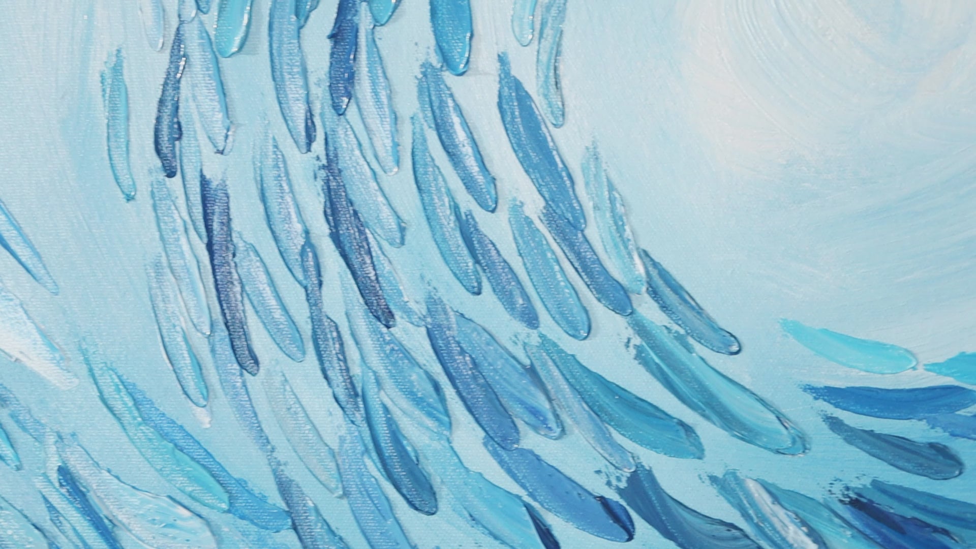 Abstract wall art of a blue ocean vortex with gold fish accents