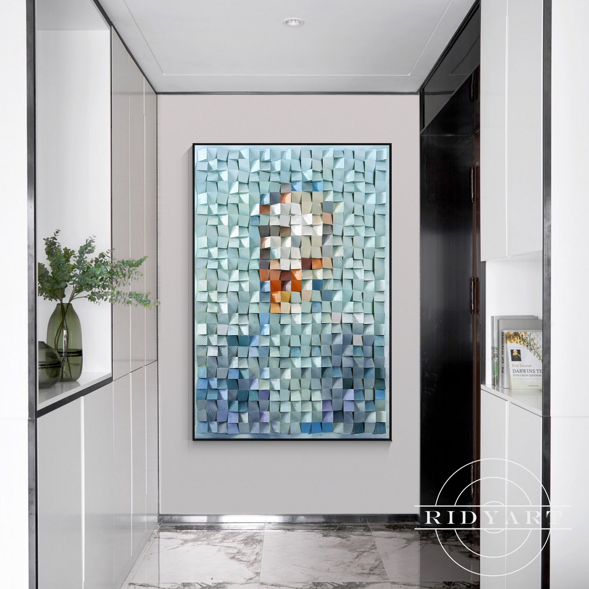 Geometric portrait artwork in wood block mosaic style