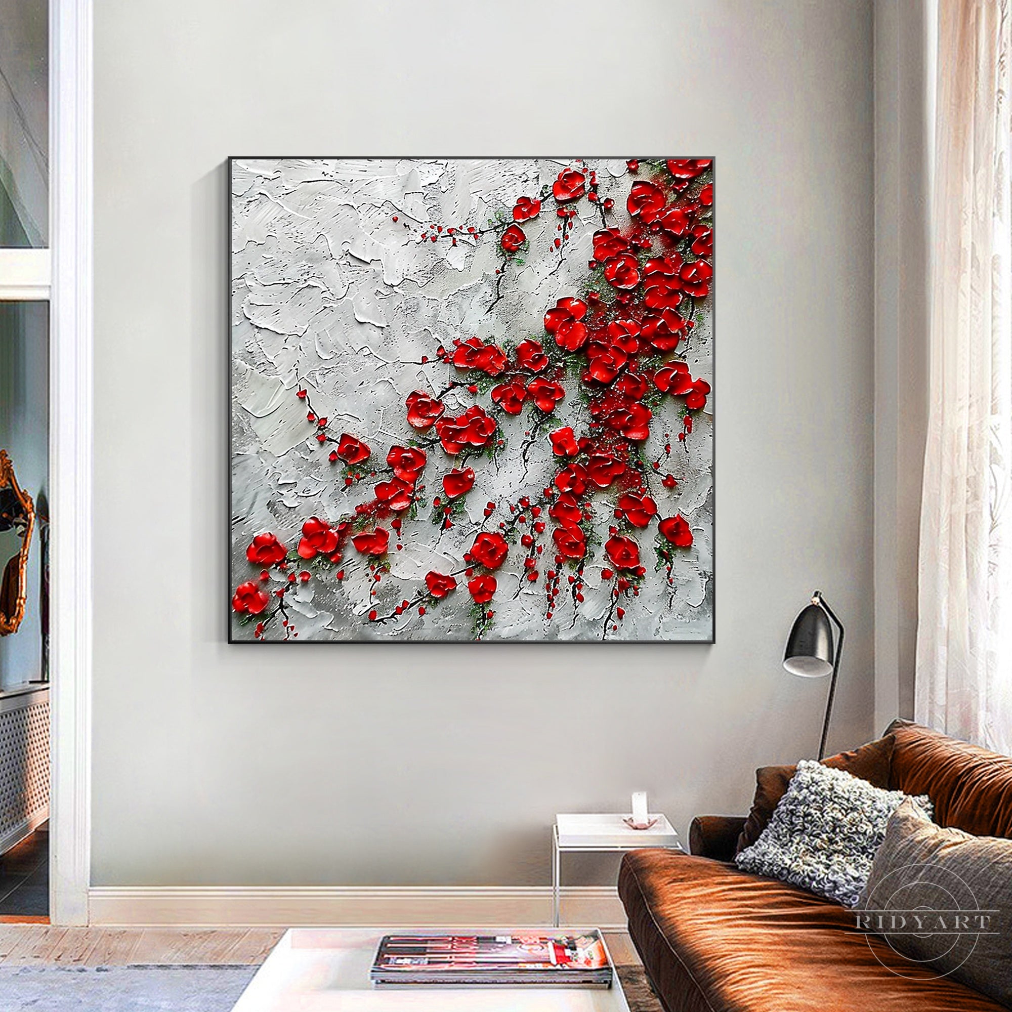 Red wildflowers painting with thick textured brushstrokes.
