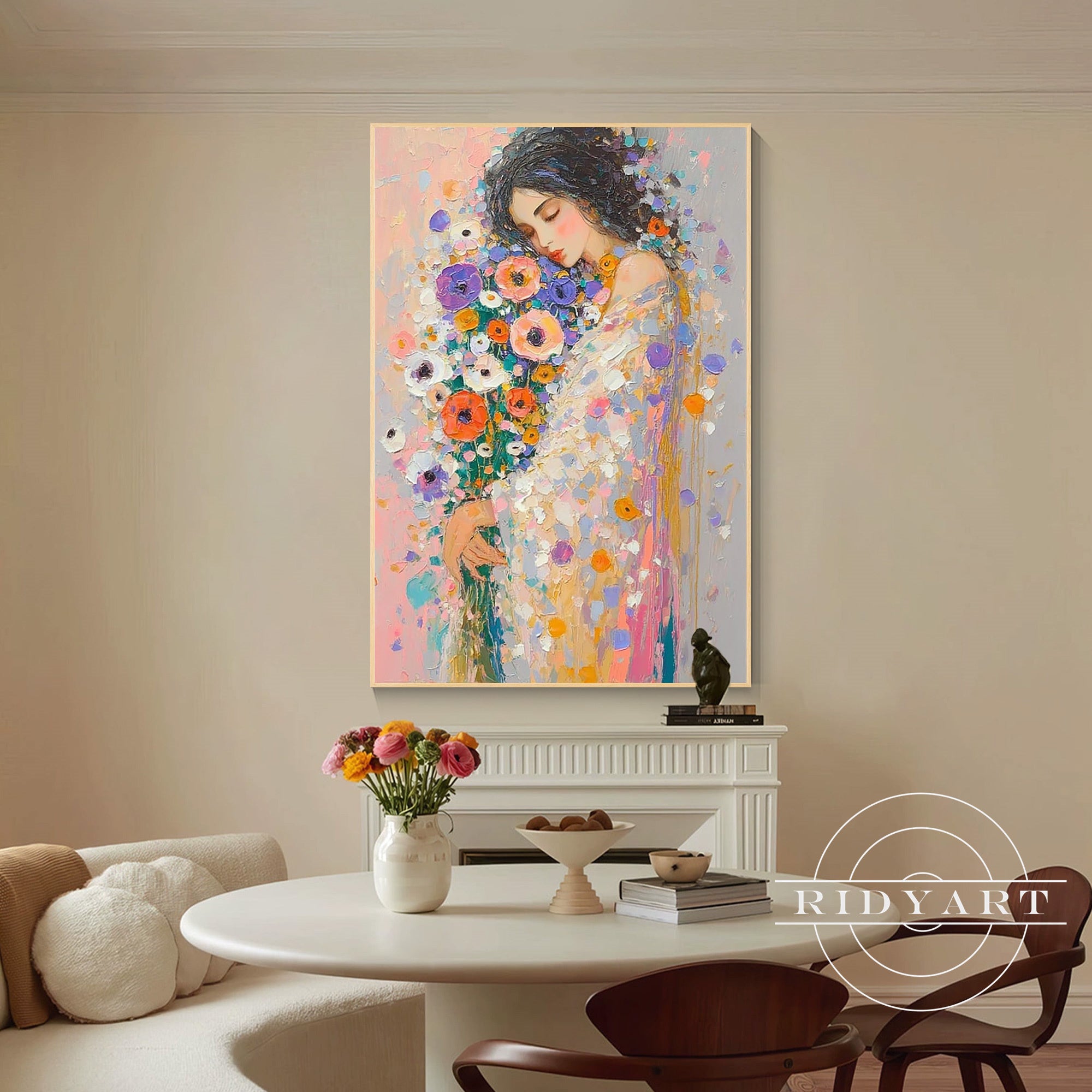 elegant pink and white flower wall painting for home