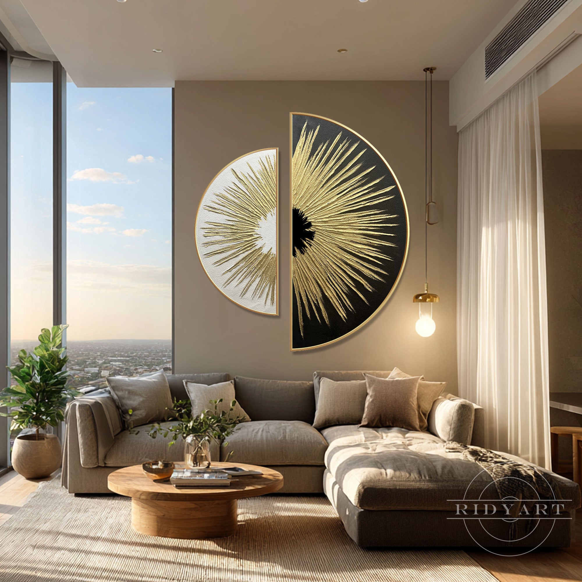 Round abstract black white gold sunburst canvas wall art