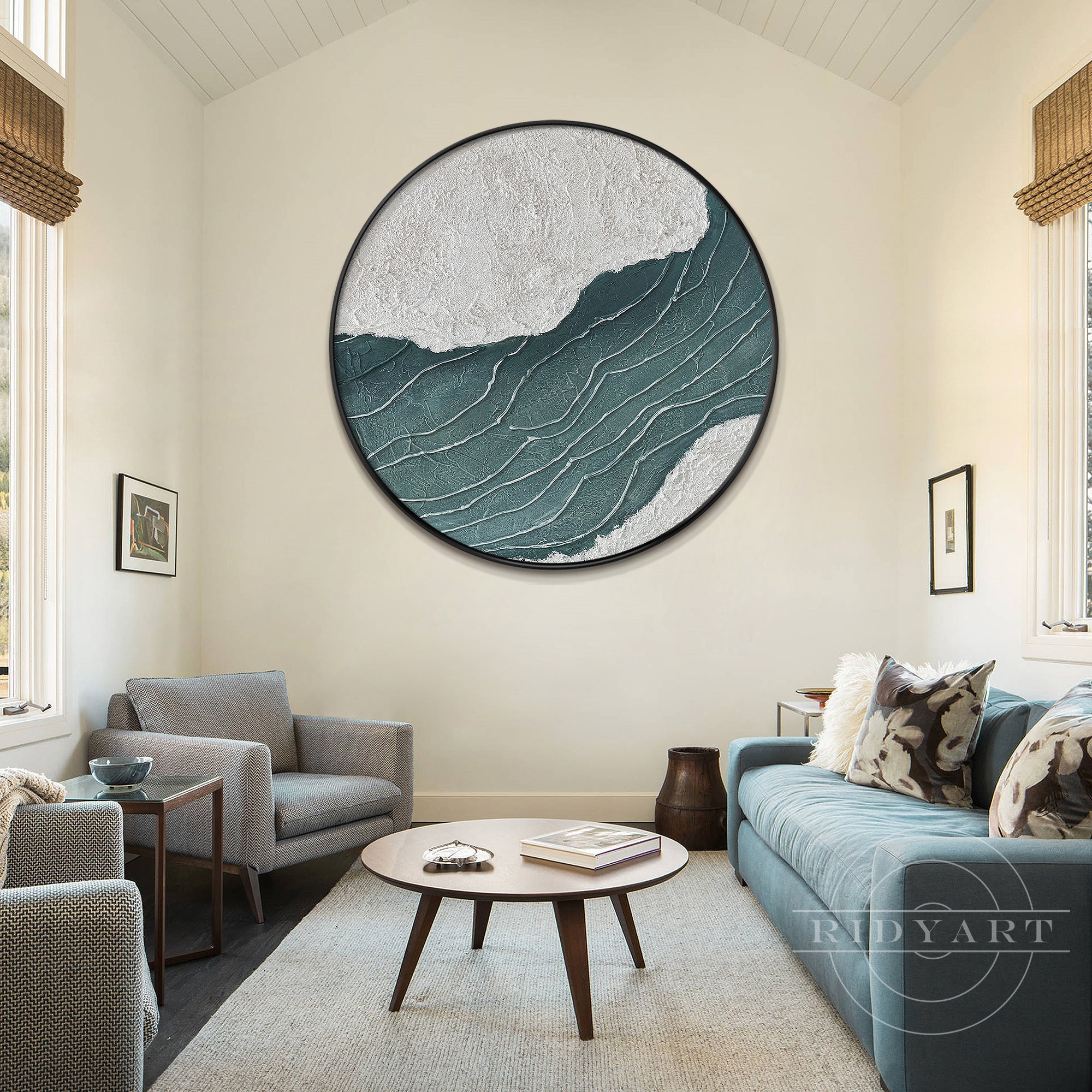 Round abstract oil painting of a blue-green ocean with gray-white coast