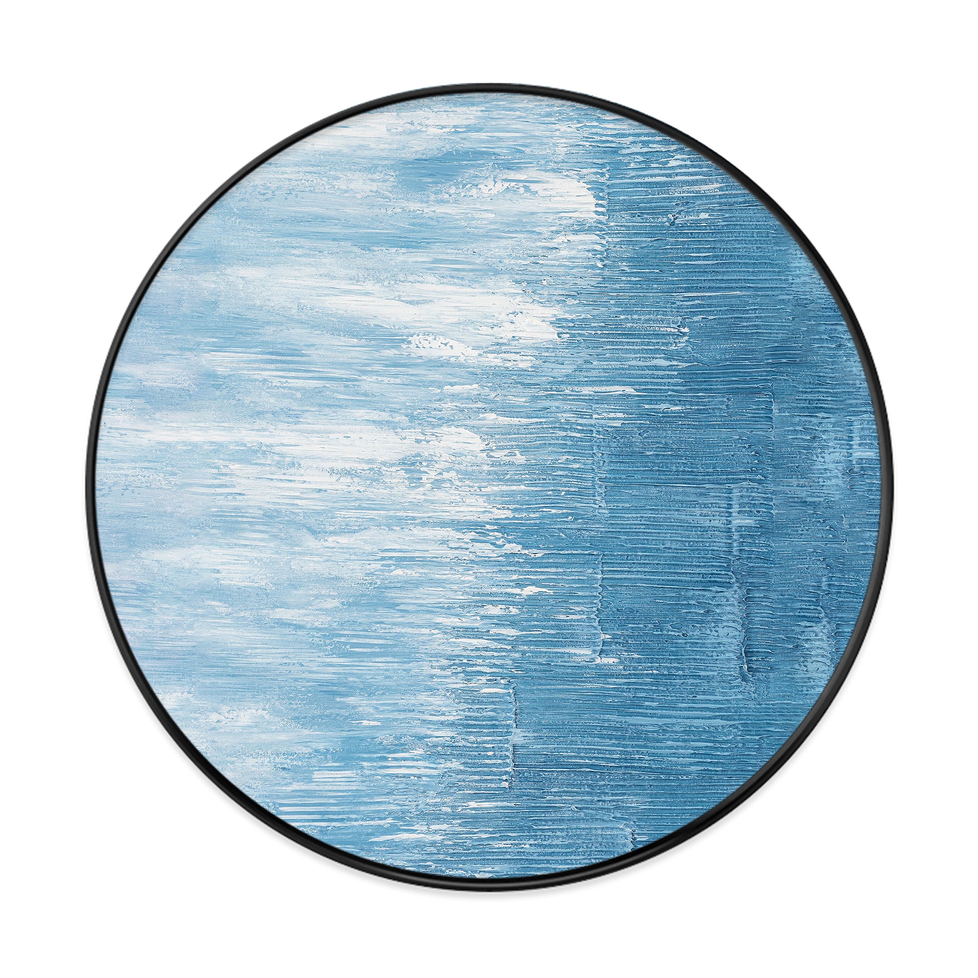 Round abstract blue ocean wall art with textured waves
