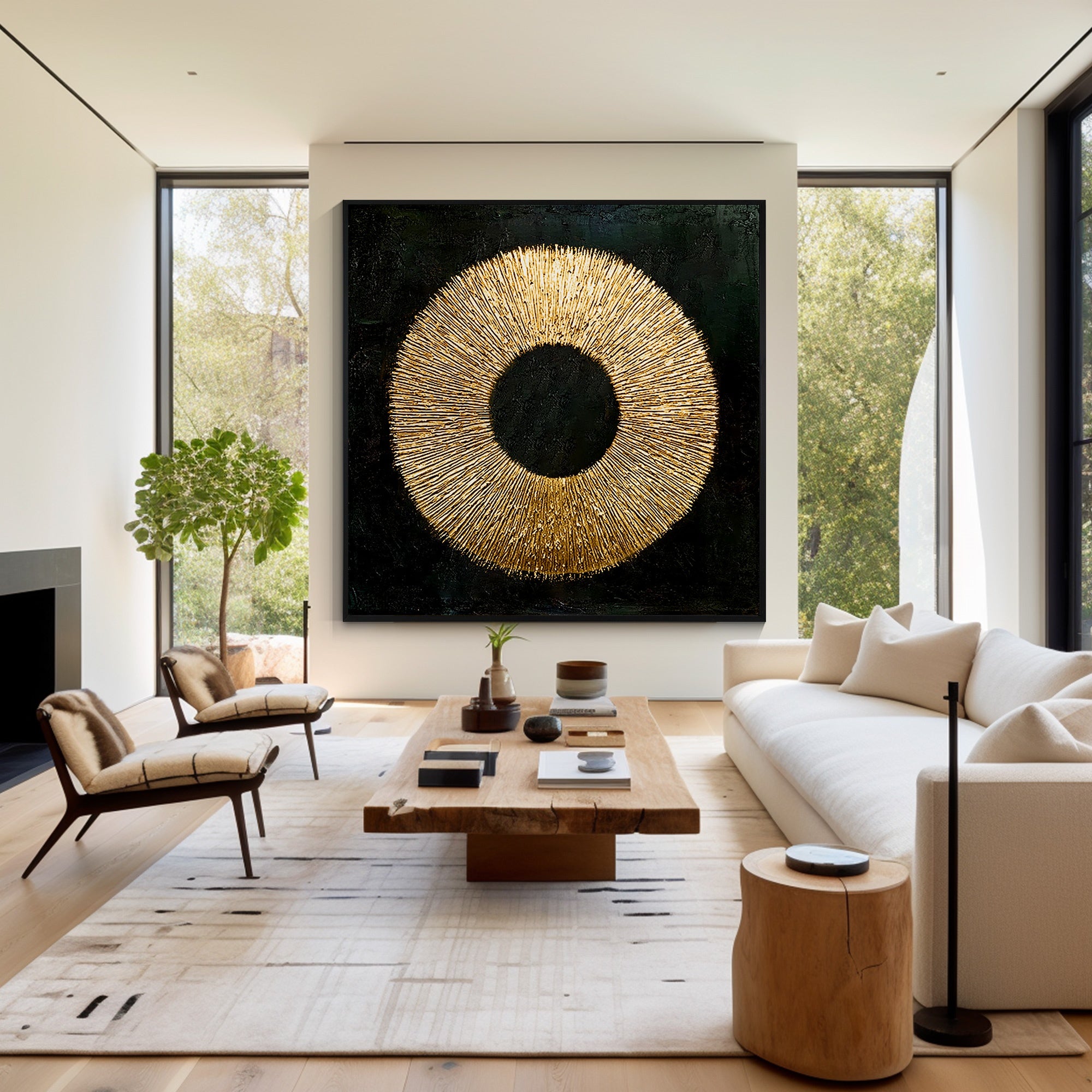 Textured black and gold abstract painting of an Enso circle for home decor.