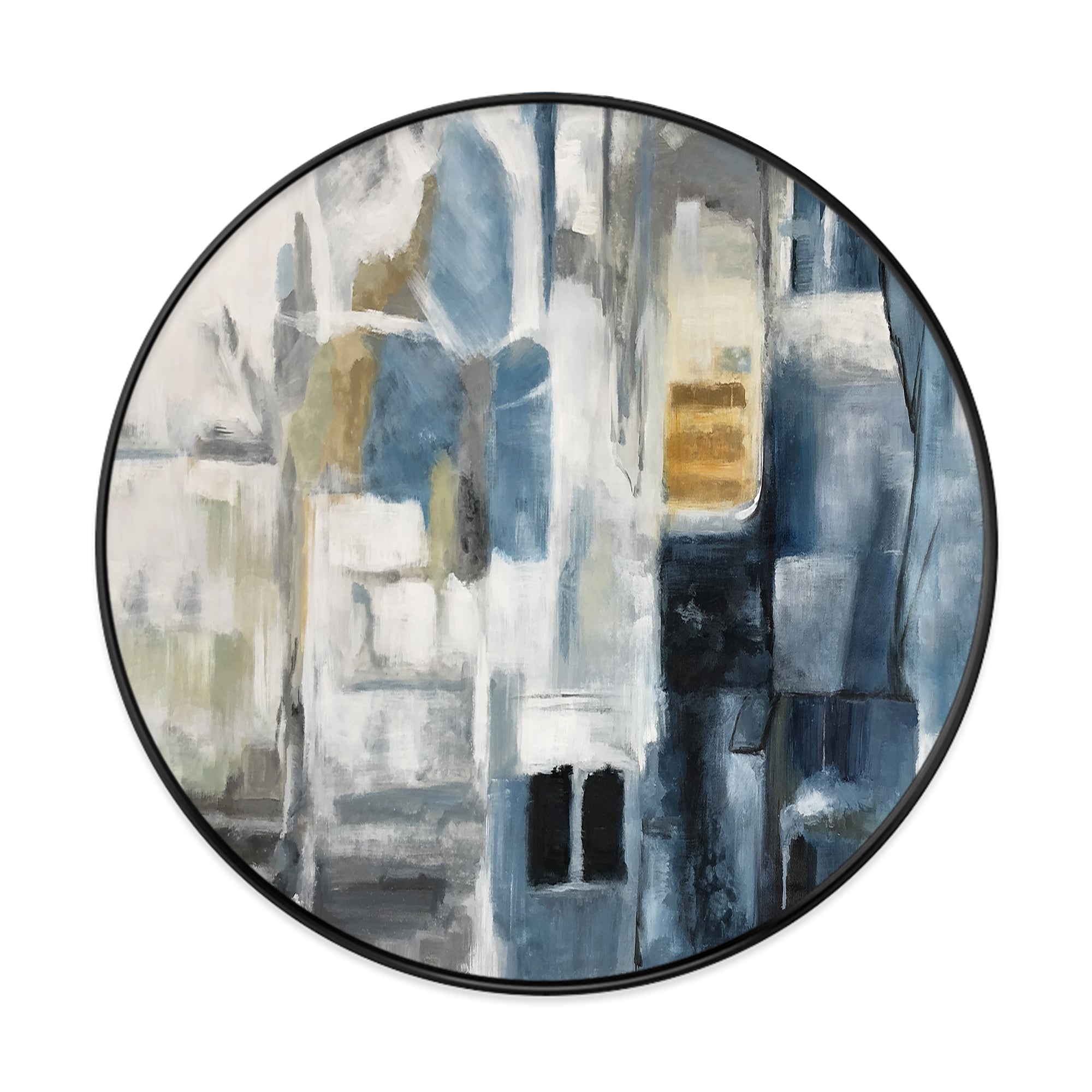 Round navy blue and gray abstract wall art with Nordic style