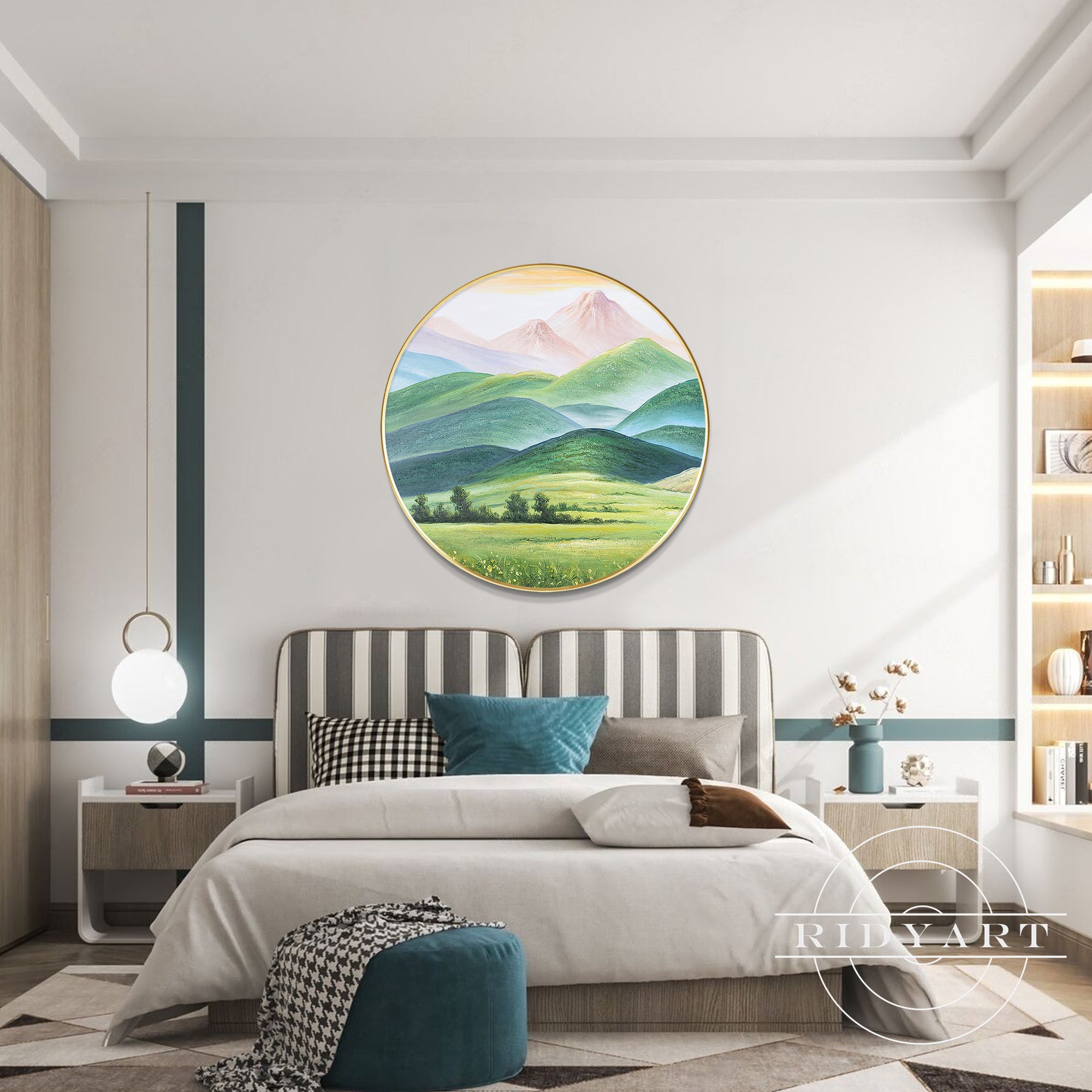 Round turquoise green mountain wall art for living room decor