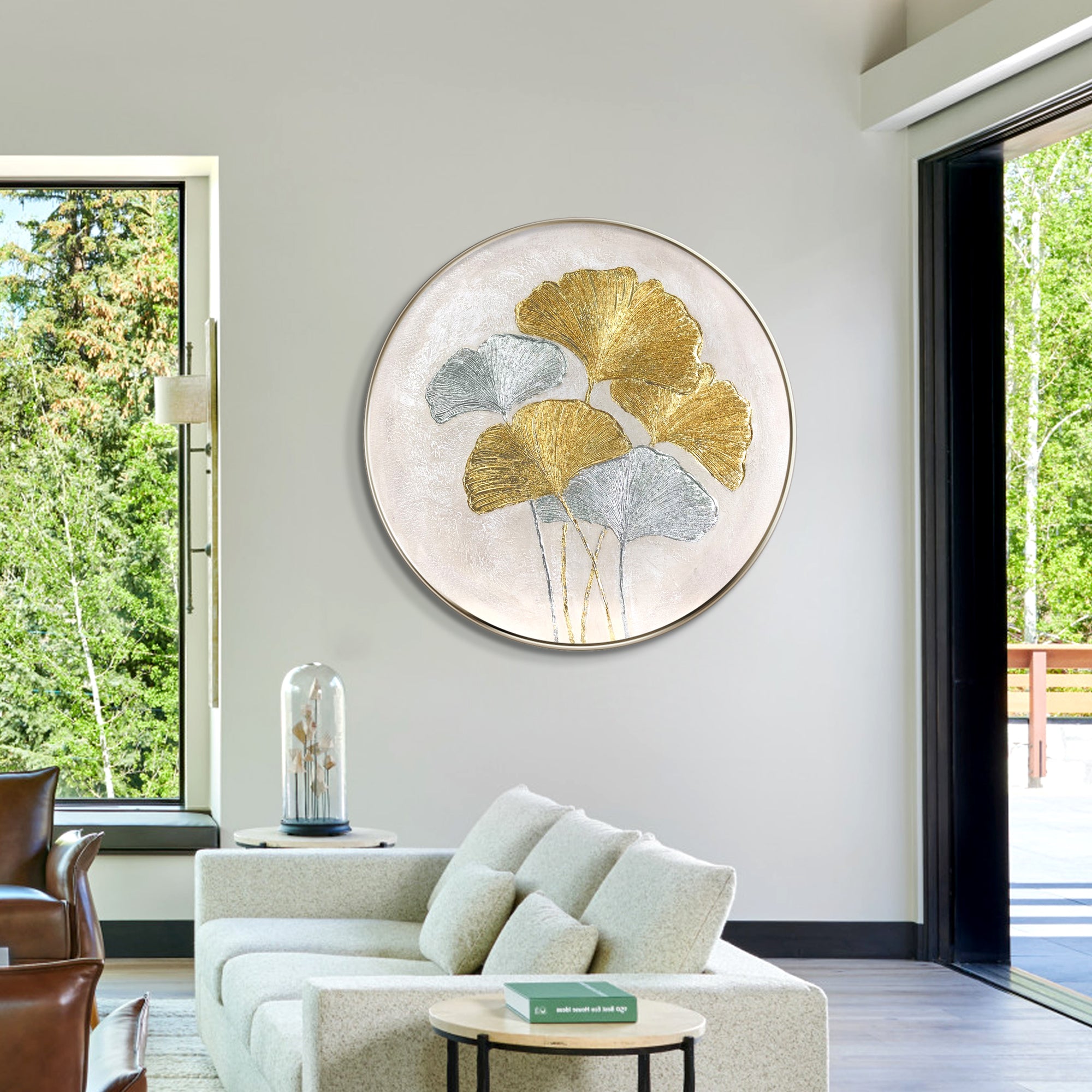 Ginkgo leaves painting featuring gold and silver foil accents. Round textured minimalist wall art for elegant and luxurious interior design.

