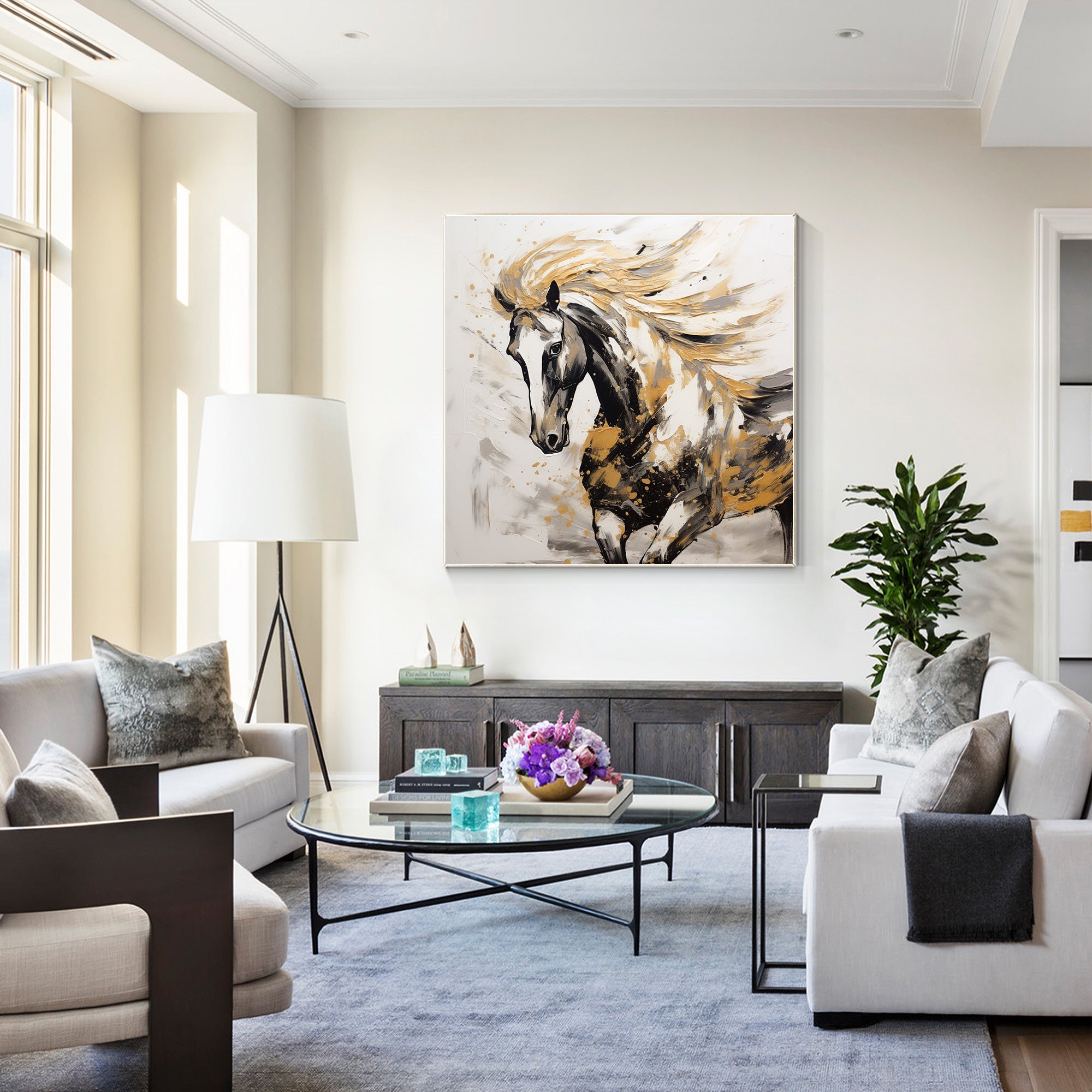 Black and gold running horse painting on canvas with metallic accents.

